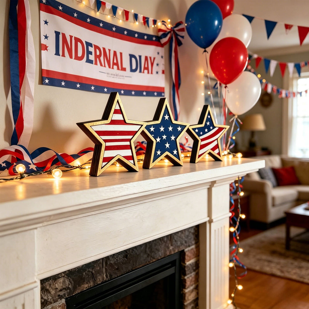 Japceit 3Pcs 4Th Of July Decorations Wooden Stars,Red White Blue Patriotic Decor, Independence Day Ornaments Set,For Home Office Table Shelf