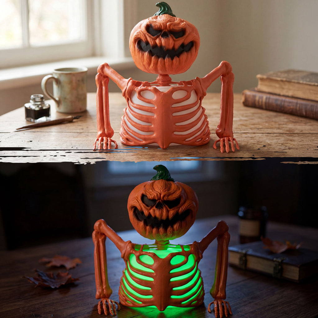 Joyfy Halloween LED Light Up Skeleton Pumpkin Table Decor,Multicolor Lighted Pumpkin Skeleton Ornament Indoor Outdoor Desk & Party Tabletop Decoration Supplies