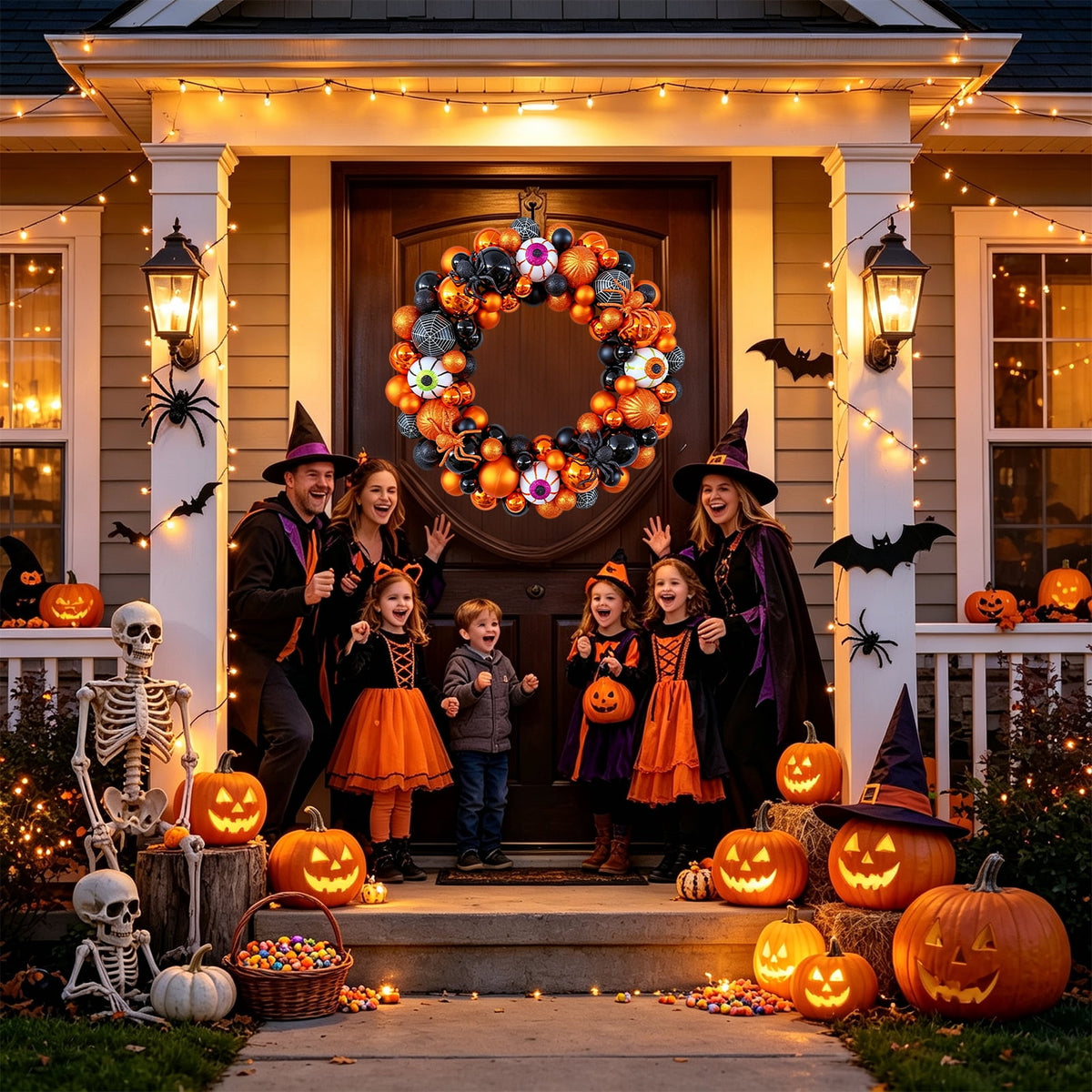 Godance 16 Inch Orange Halloween Spider Ball Wreath for Front Door, Halloween Treat-or-Trick Door Wreath Plastic Ball Ornament for Halloween Indoor Decorations Centerpiece Party Holiday Wall Decor