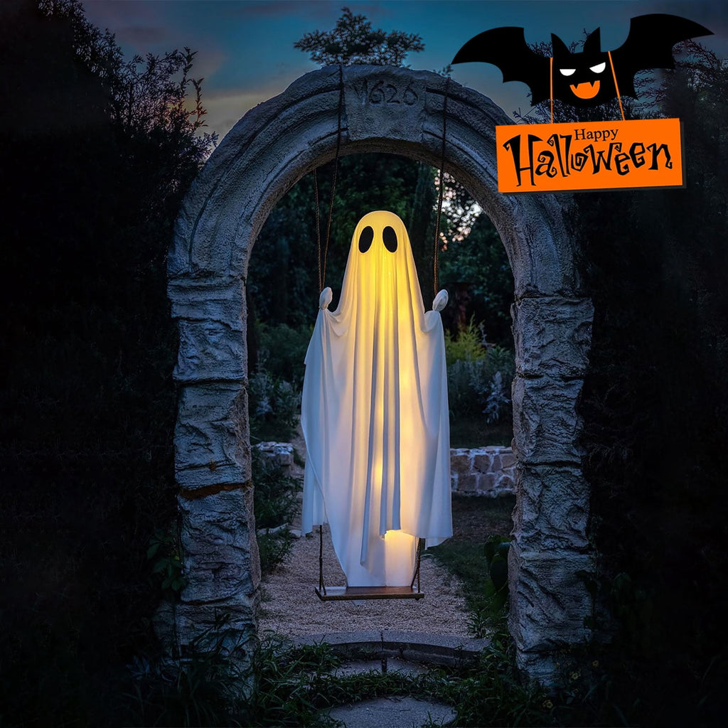 Halloween Decorations Outdoor - 5 FT Large Hanging Swing Halloween Ghost Decor with String Lights - Spooky Cute Ghosts Decorations for Front Porch Yard Tree