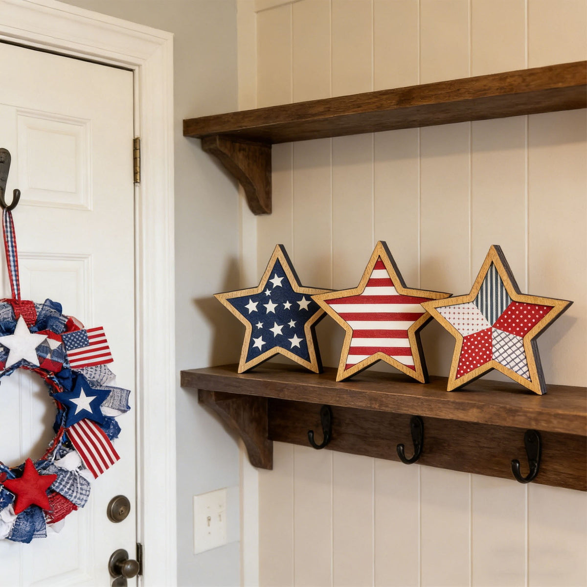 Japceit 3Pcs 4Th Of July Decorations Wooden Stars,Red White Blue Patriotic Decor, Independence Day Ornaments Set,For Home Office Table Shelf