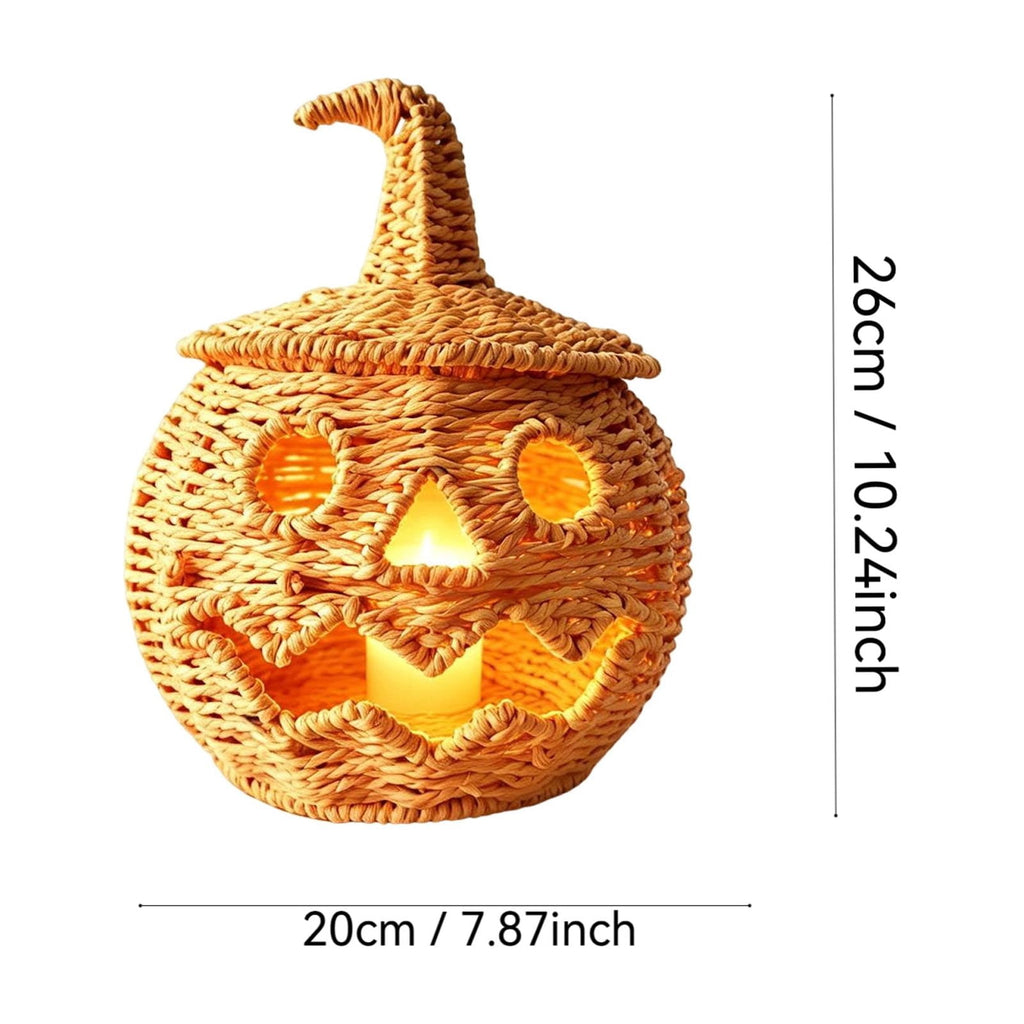 Aximioll Halloween Black Woven Jack-O-Lantern Pumpkin Decor, Hand Woven Rattan Wicker Style Statue, Trick or Treat Candy Bowl Lantern for Porch Entryway Fireplace Mantel Table, Black, 11 Inches