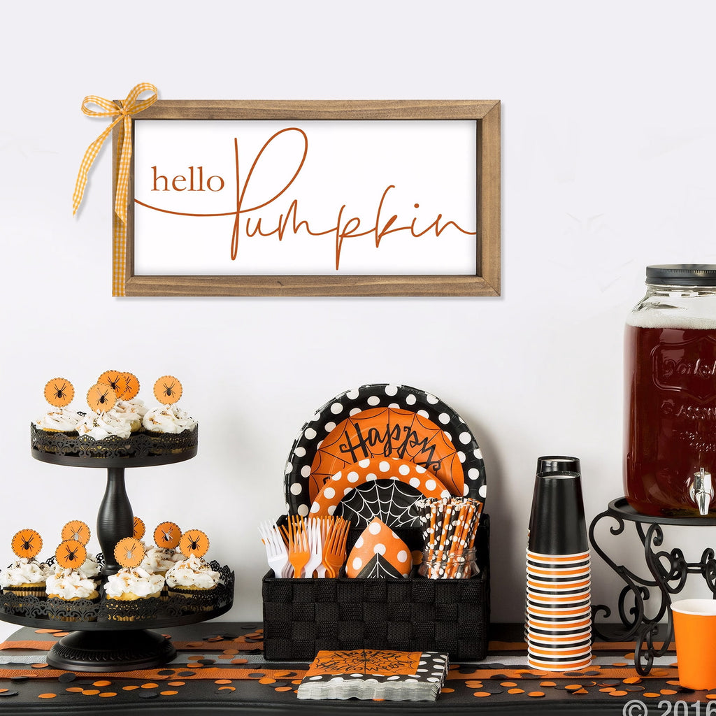 11.8×6 Inch Hello Pumpkin Sign, White Wooden Fall Decorations for Home Farmhouse, Autumn Decor Indoor Table Wall Shelf Desk Mantle Office Rustic Thanksgiving Harvest Decorative Signage