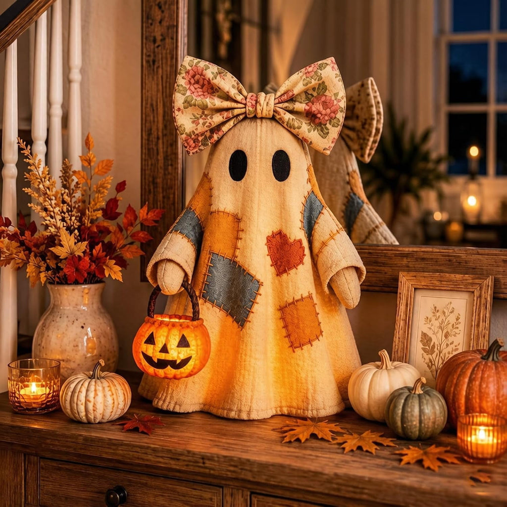 Win s Way Lighted Vintage Patchwork Ghost Decor Glowing Ghost Figurine with Pumpkin Lantern Farmhouse Style Light Up Statue for Mantel Shelf Entryway Table Fall Decorations