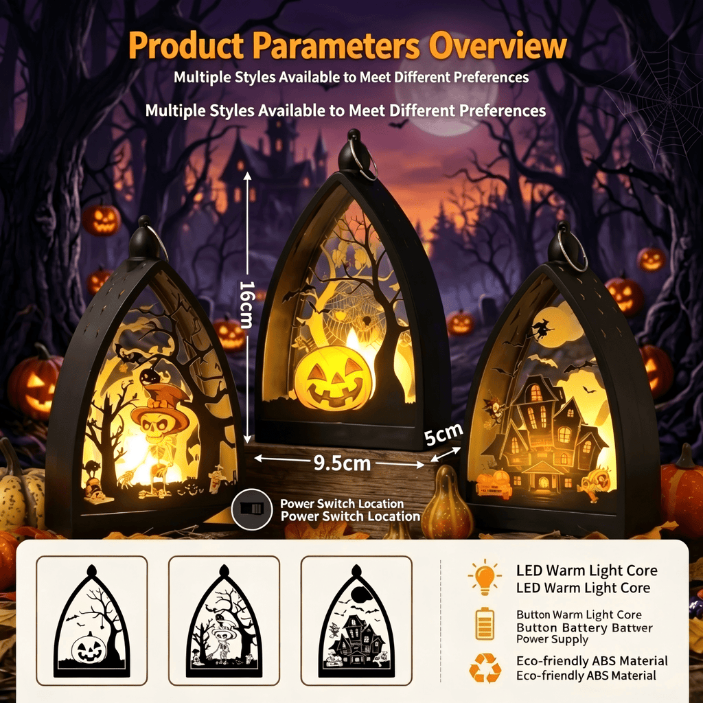 3 Pack Halloween LED Lantern Decor, Skeleton Haunted House Pumpkin Pattern, Battery Operated Tabletop Hanging Decor for Halloween Party Fireplace Mantel Indoor Home Decor