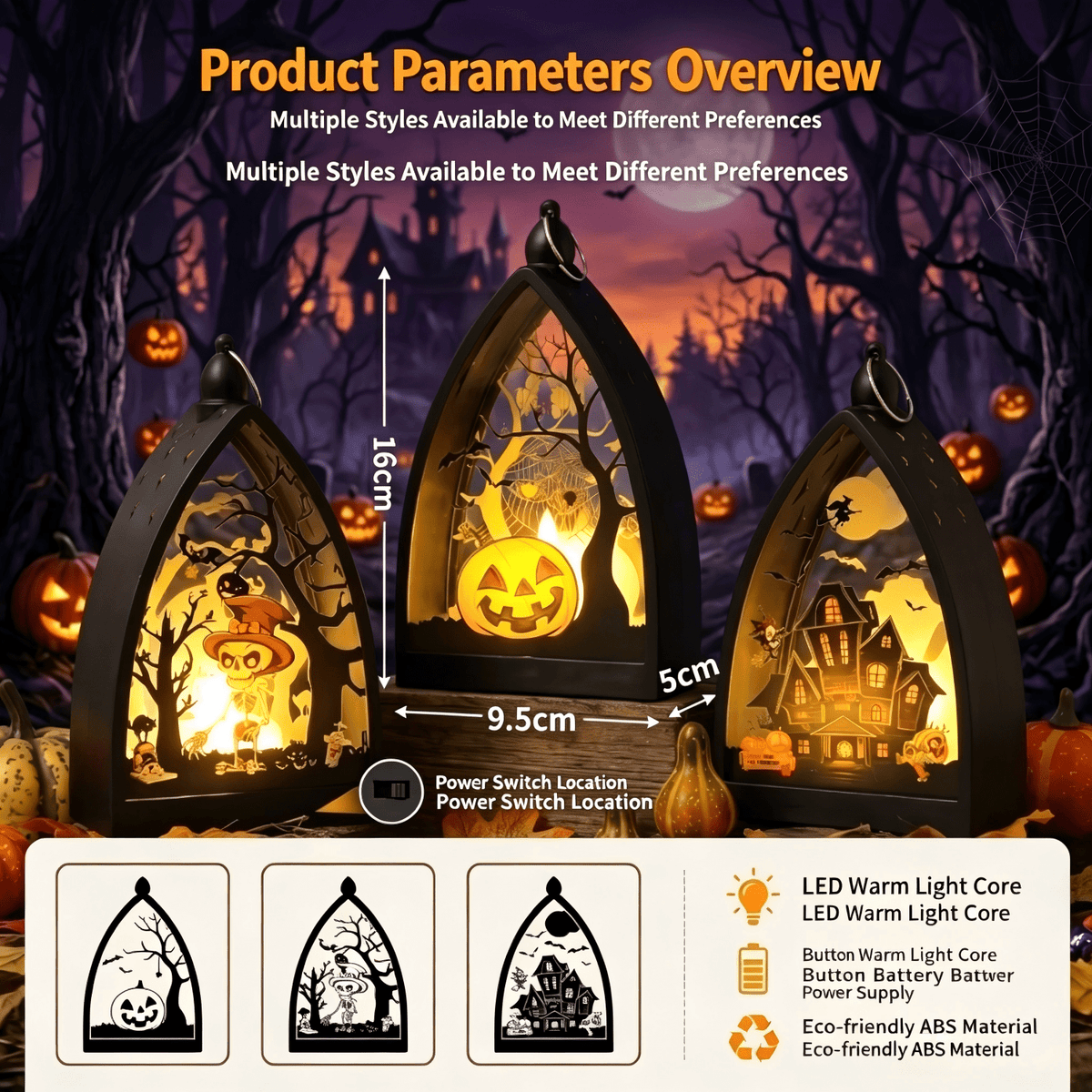 3 Pack Halloween LED Lantern Decor, Skeleton Haunted House Pumpkin Pattern, Battery Operated Tabletop Hanging Decor for Halloween Party Fireplace Mantel Indoor Home Decor