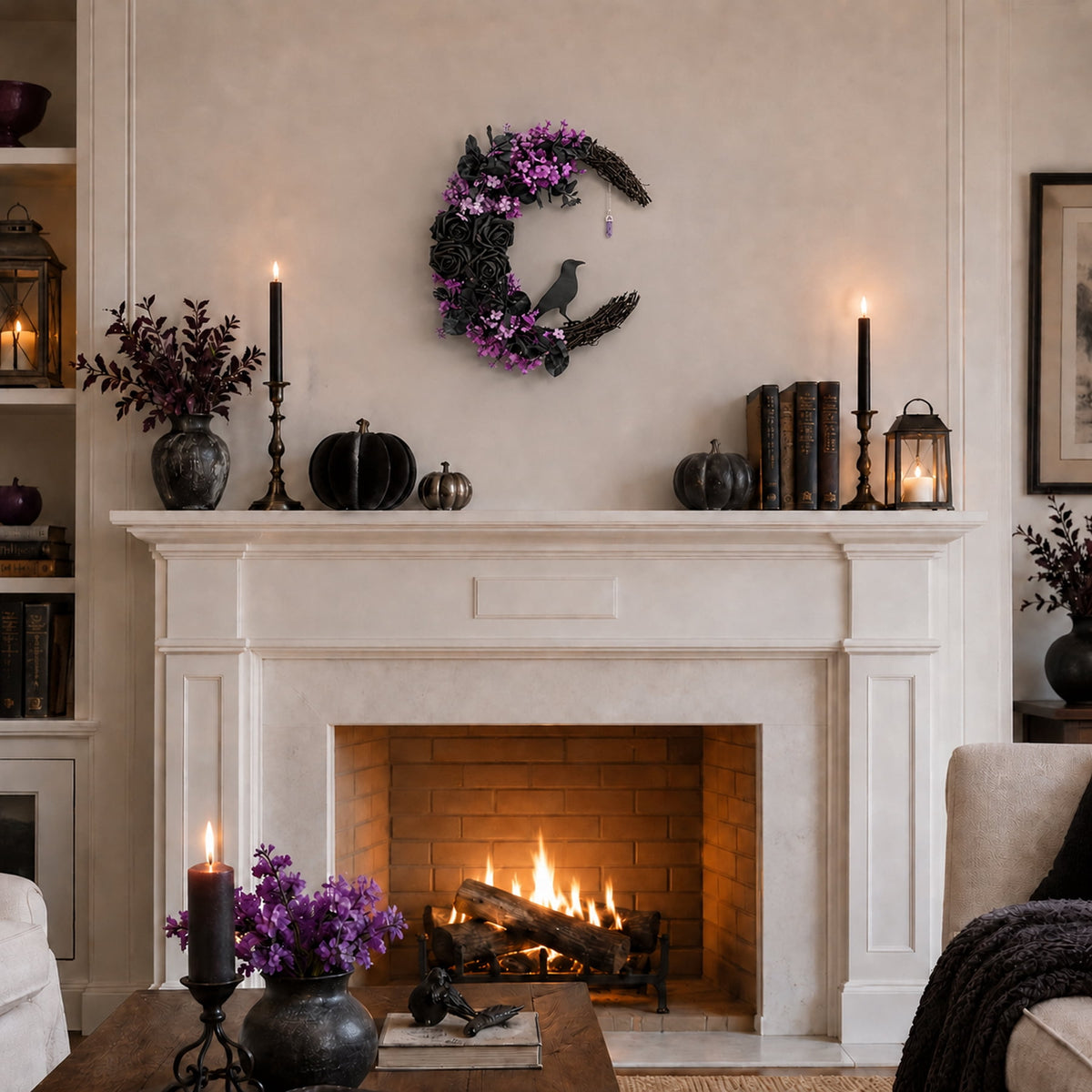 Halloween Black Cat Wreath, 14.9 in Purple and Black Crescent Wreath with Artificial Flowers and Crystal Pendant, Gothic Front Door Decor
