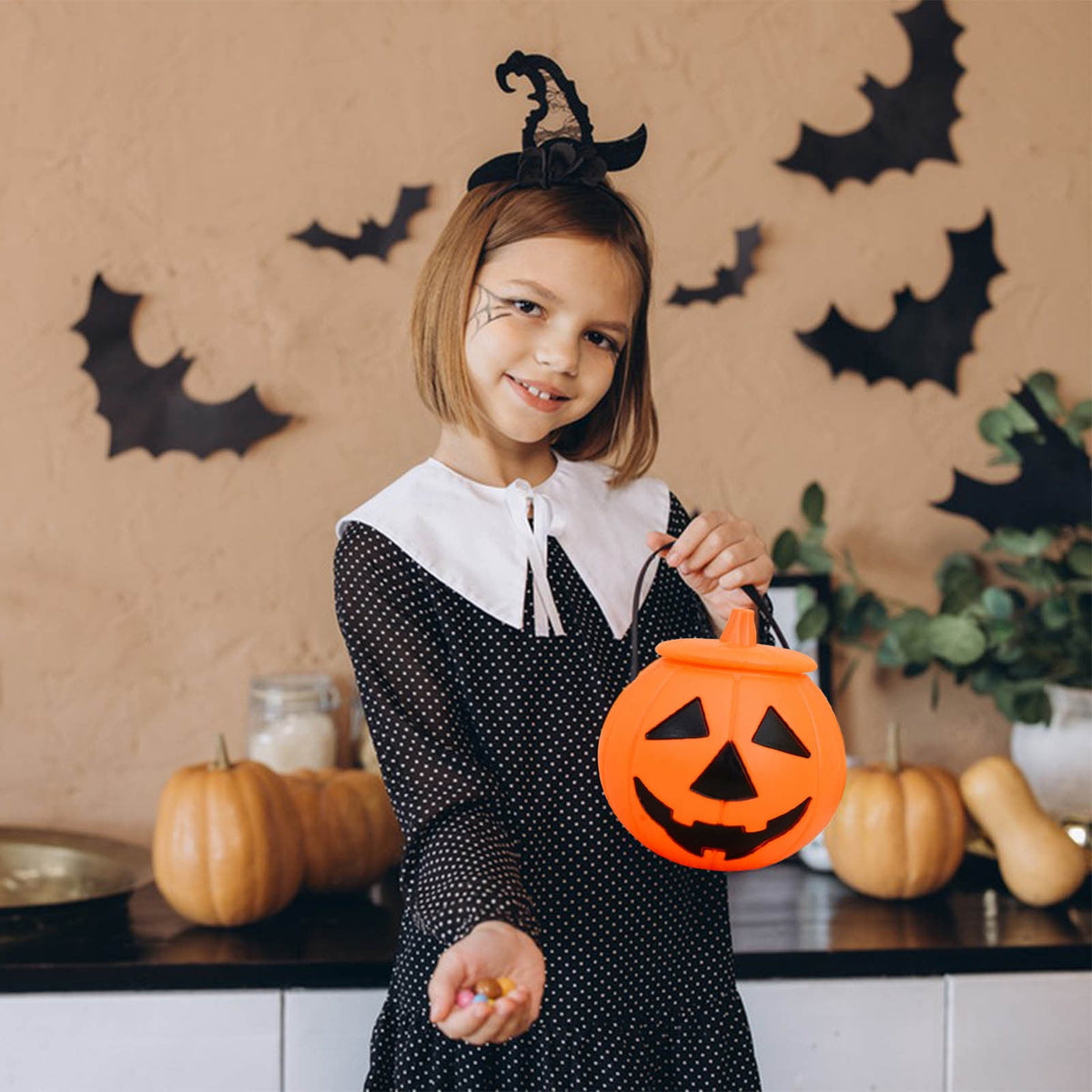 Kyusrd Trick or Treat Halloween Lantern Pumpkin Decoration Lighted Table Centerpieces Ornaments Spooky Pumpkin Prop Decor Decorative Wedding Candy Bowl Organizer Canisters