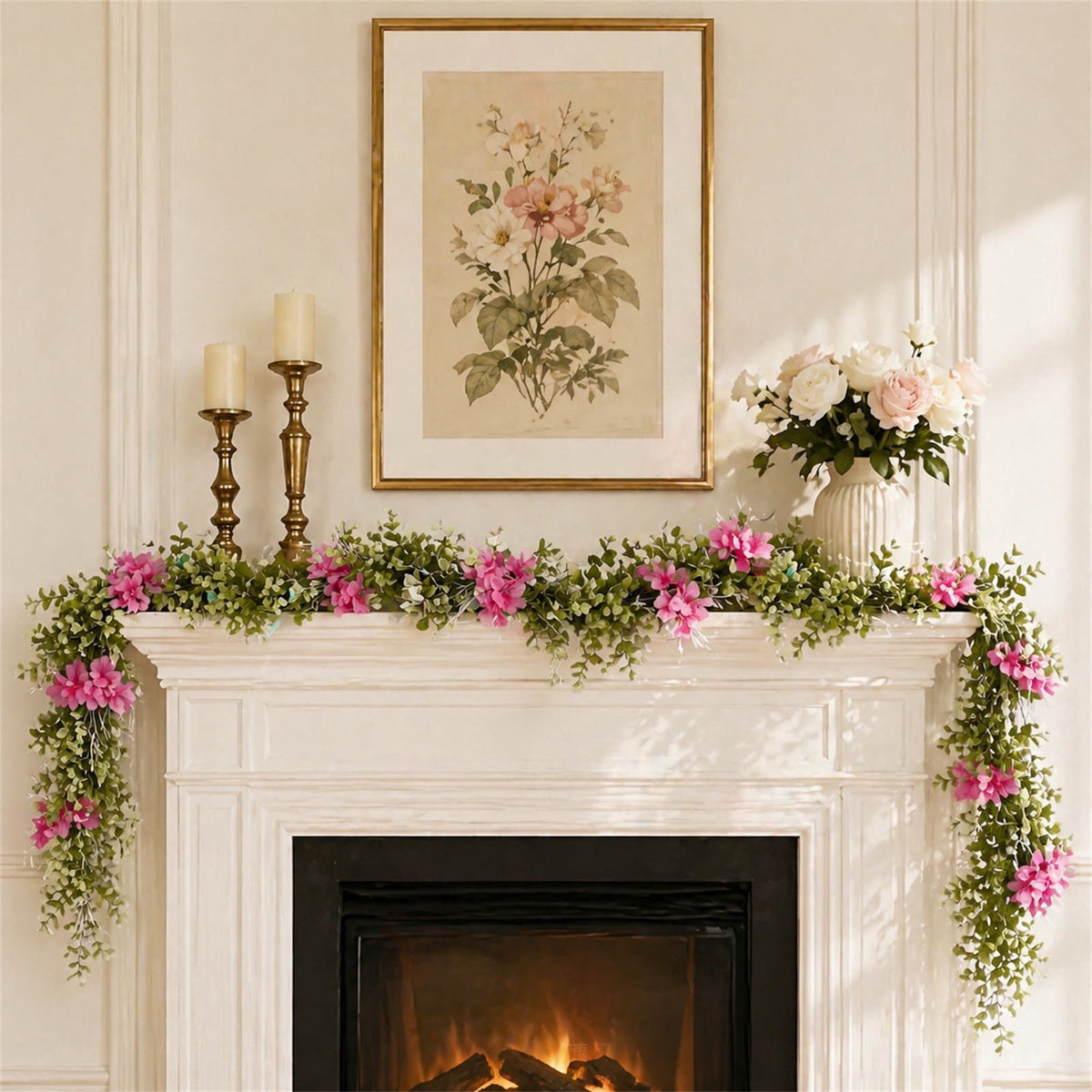 Spring Artificial Flowers Garland, 70 inch Fake Eucalyptus Vine Cherrys Blossoms Hanging Garland Rattan for Mantle Fireplace Wedding Indoor Outdoor Home Decor