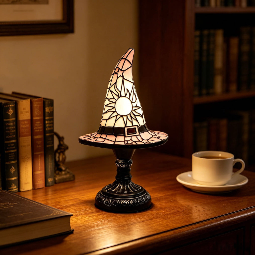 Stained Glass Witch Hat Lamp Gothic Halloween Lighting Decor, Vintage Witchy Hats Night Lights, Handcrafted Retro Resin Table Lamp for Bedroom, Living Room & Home Decor