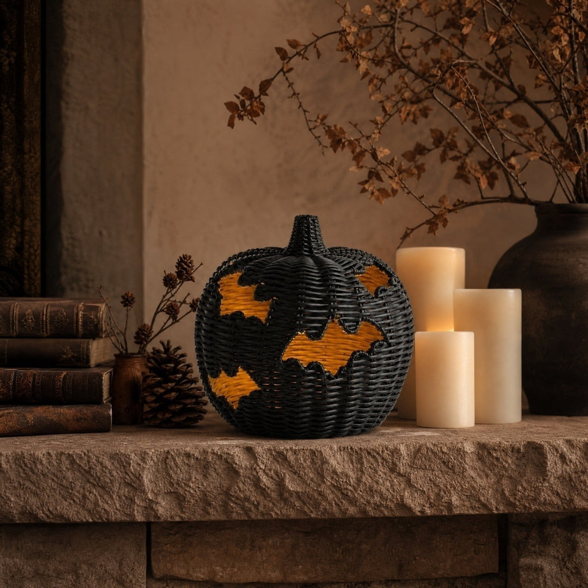 Aximioll Halloween Black Woven Jack-O-Lantern Pumpkin Decor, Hand Woven Rattan Wicker Style Statue, Trick or Treat Candy Bowl Lantern for Porch Entryway Fireplace Mantel Table, Black, 11 Inches