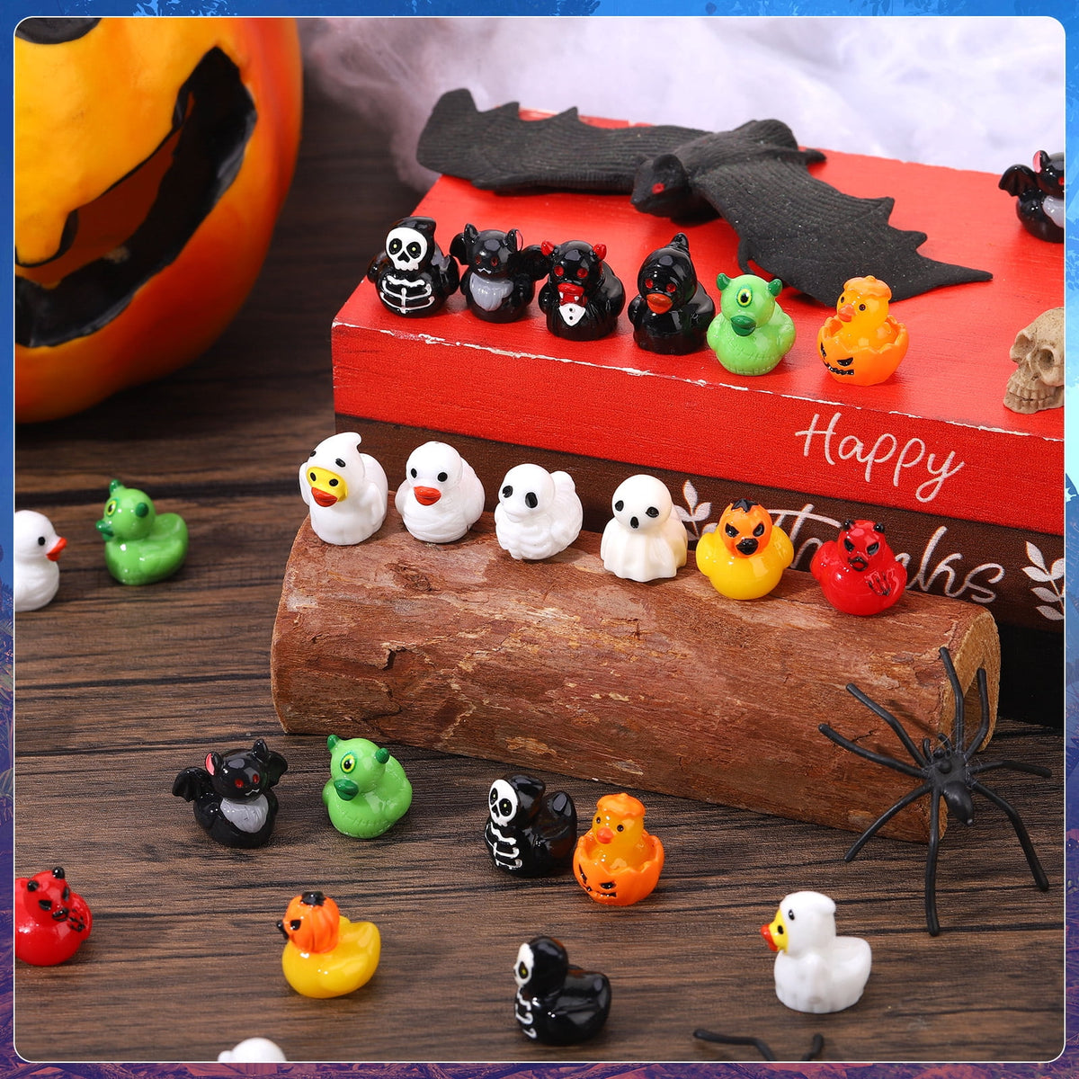 sixwipe 60 Pcs Halloween Mini Resin Ducks, 12 Styles Miniature Resin Ducks Bulk, Skeleton Pumpkin Witch Devil Ghost Tiny Duck Figures for Halloween Party Gift, DIY Craft