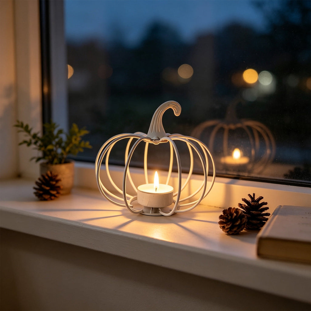 romoty Metal Wire Pumpkin Candle Holder, Vibrant Orange Iron Tealight Stand Tabletop Centerpiece Accent Halloween Thanksgiving Fall Harvest Dining Room Decoration