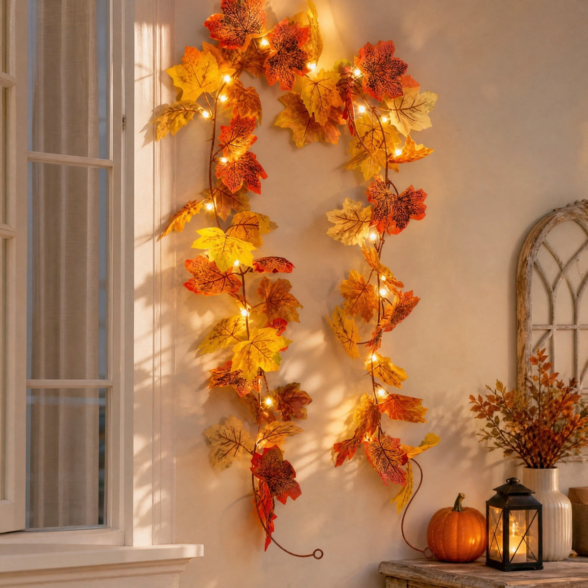 Halloween Black Garland with LED Lights 70.87 Inch Gothic Foliage for Mantel Stair Halloween Party Home Indoor Decor