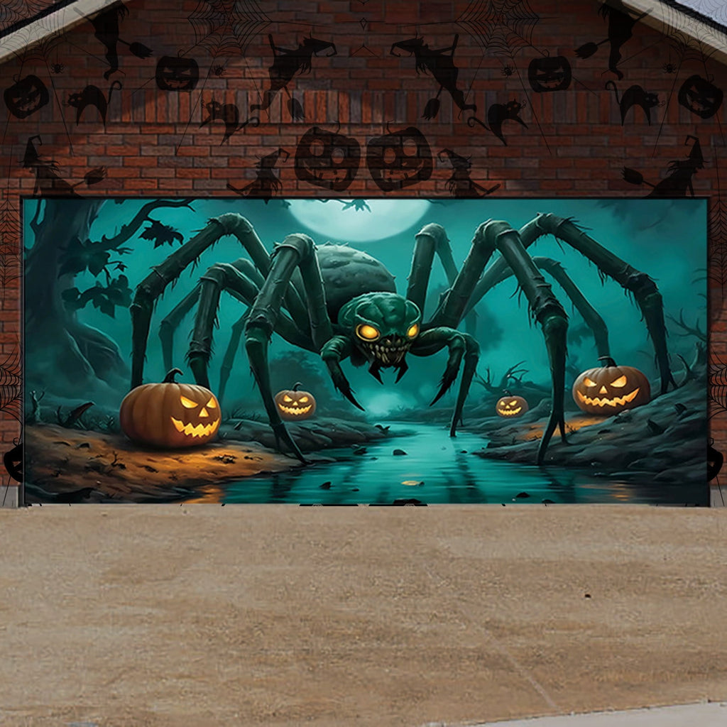 Loyerfyivos Halloween Garage Door Decorations Banner Christmas Giant Spider Halloween Garage Door Cover 6x13Ft Pumpkin Bat Spider Web Horror Large Halloween Garage Door Banner Backdrop for Wall Decor