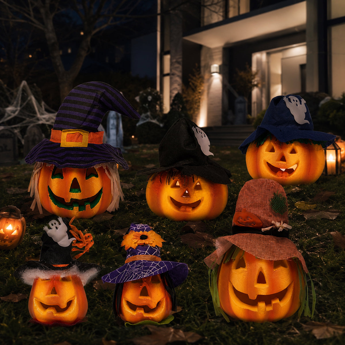 Joyfy 5 Pcs Light Up Halloween Pumpkin Decor Jack O Lantern Decorations Outdoor Indoor, Plastic Large Trick Or Treat Table Top Party Supplies Favors