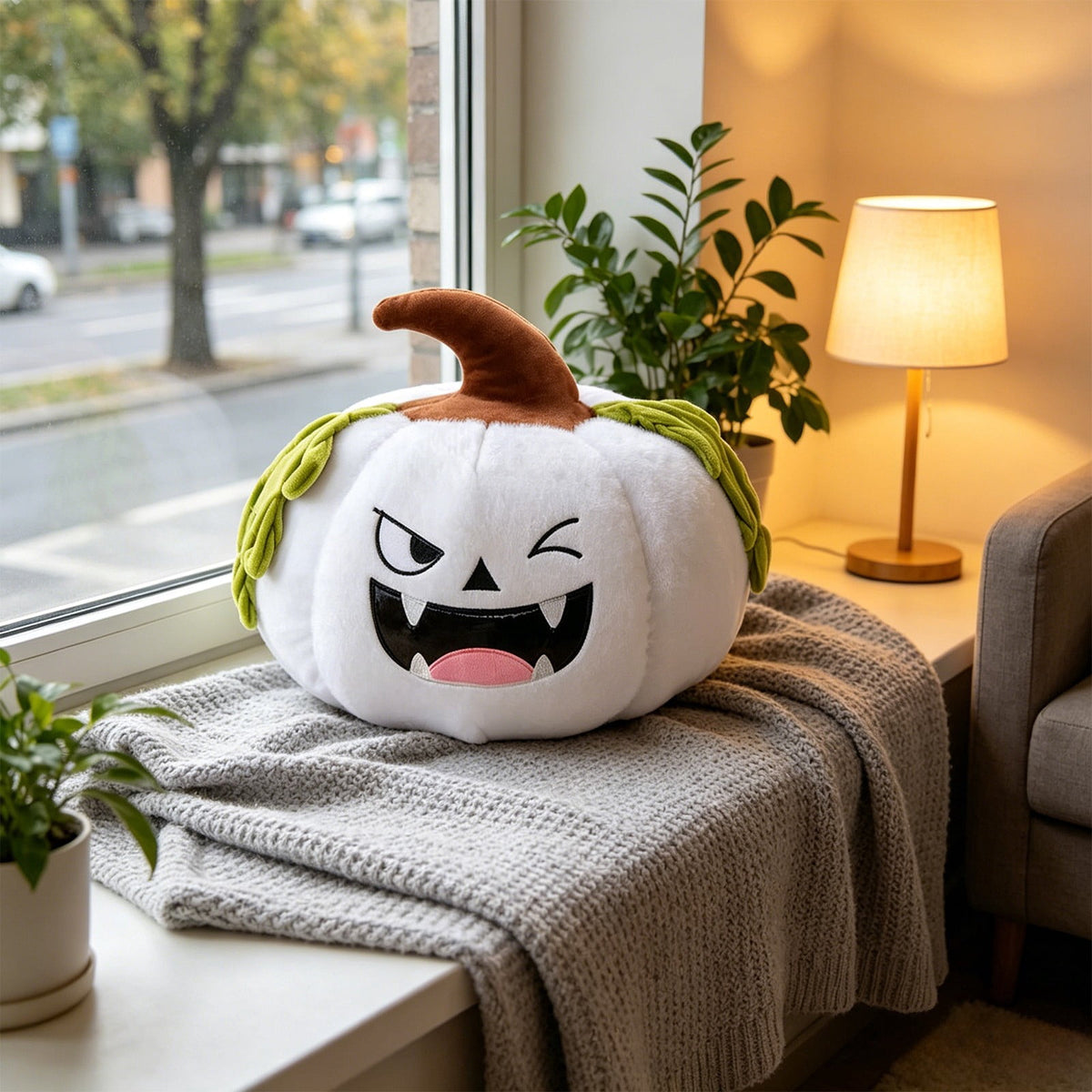 Pnmtdaia Orange Cute Smiling Fangs Pumpkin Plush Throw Pillow, Cozy Stuffed Halloween Thanksgiving Spooky Themed Decorative Cushion for Living Room Bedroom Home Holiday Decor