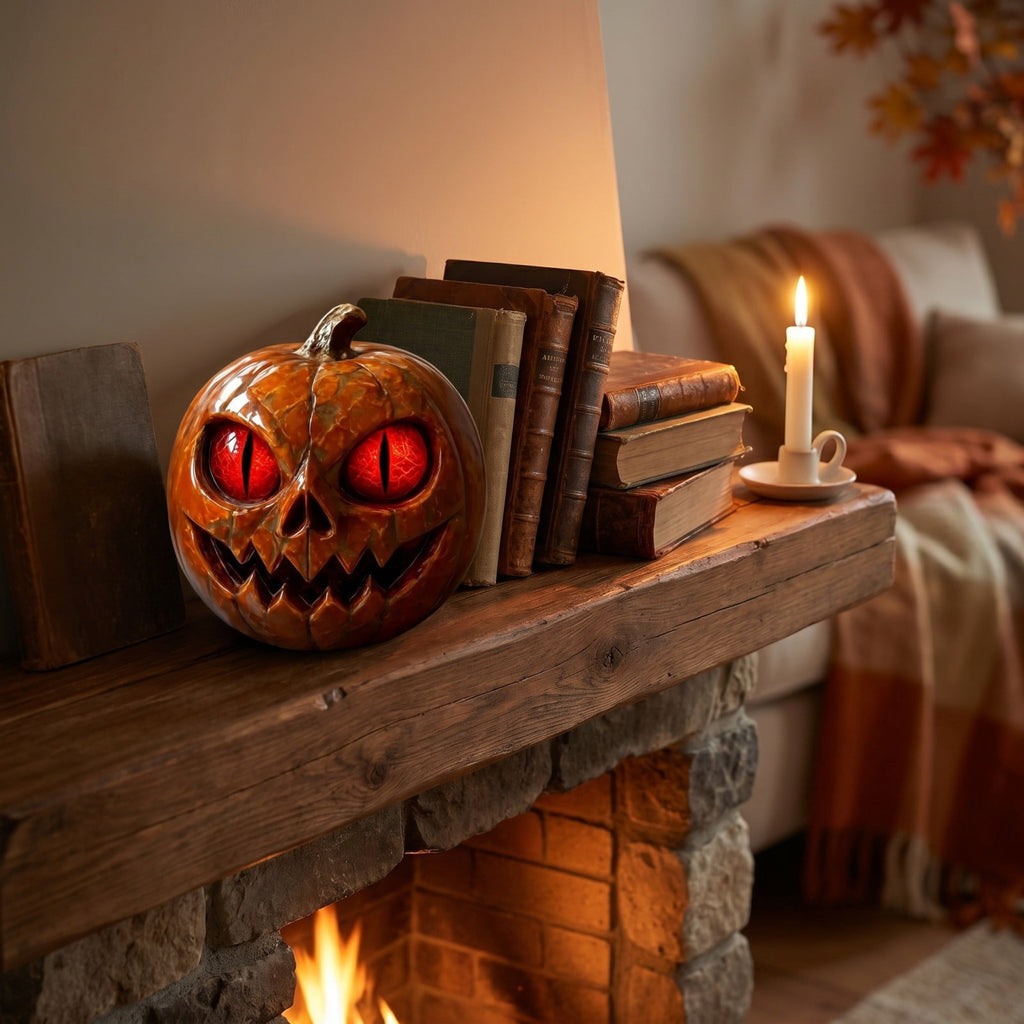 Halloween Scary Jack O Lantern Pumpkin Statue with Color Changing LED Eyes Spooky Tabletop Yard Decor Prop
