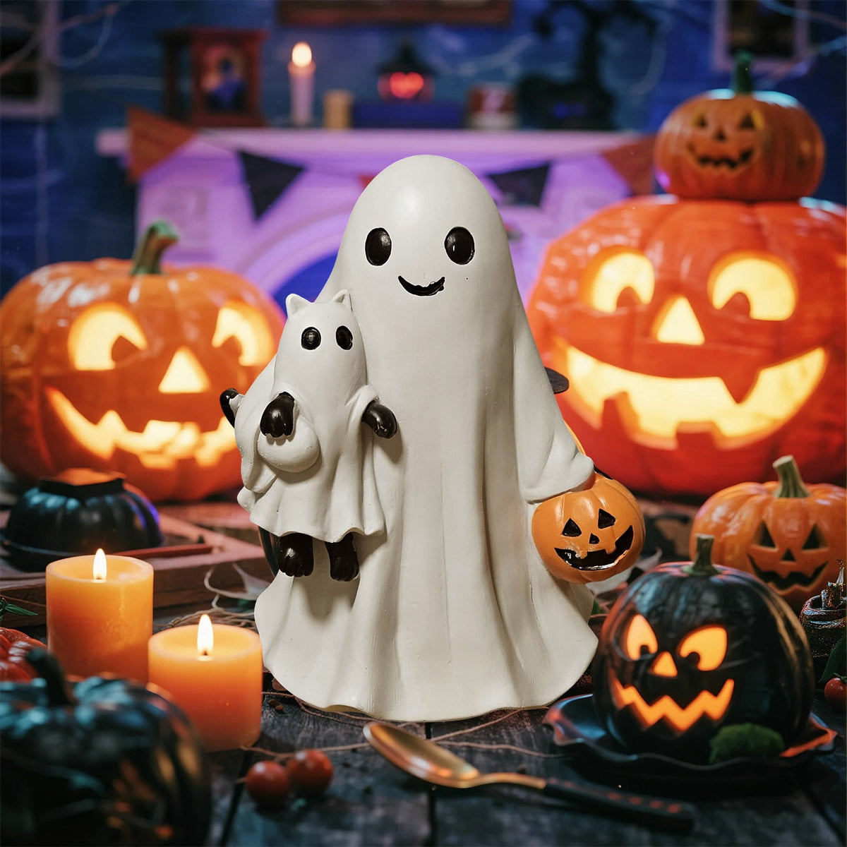 1Pc Halloween Ghost Holding Black Cat and Pumpkin Ornaments,Resin Figurine Holding Pumpkin Decor Cute Handmade Tabletop Statue Perfect for Halloween Home Decoration(White)