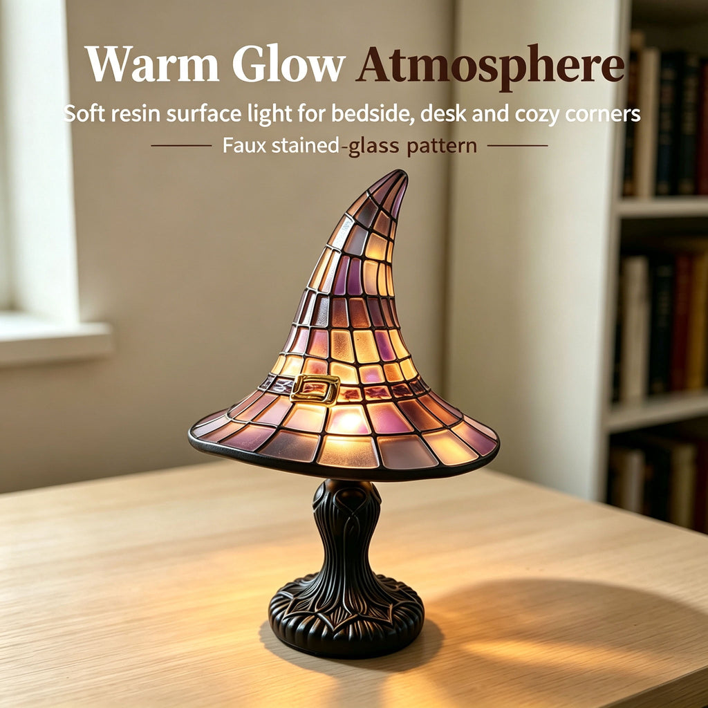 Stained Glass Witch Hat Lamp Gothic Halloween Lighting Decor, Vintage Witchy Hats Night Lights, Handcrafted Retro Resin Table Lamp for Bedroom, Living Room & Home Decor
