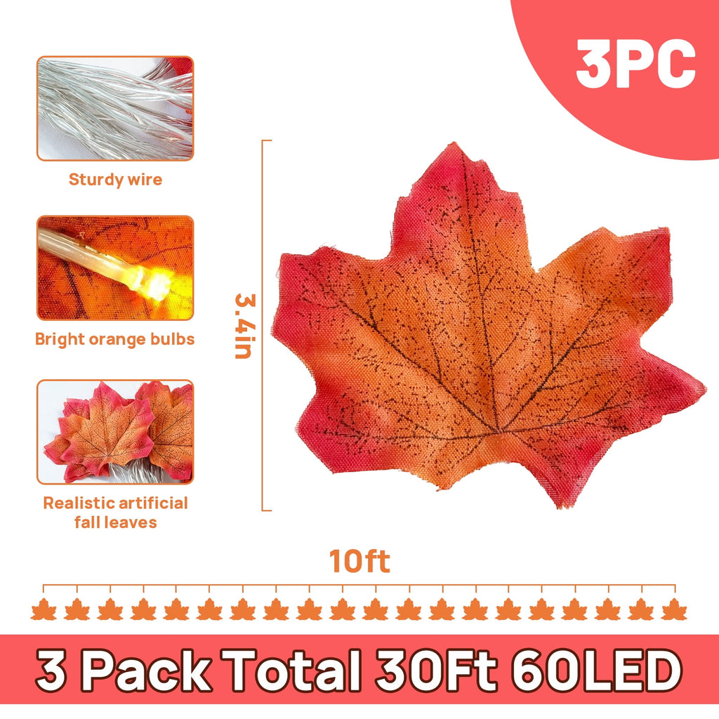 AGCAN 3 Pack Maple Leaf String Light, Total 60 LED 30Ft Artificial Fall Decor Leaf Light USB Operated Centerpiece Table Decorations for Autumn Harvest, Thanksgiving, Halloween, Indoor