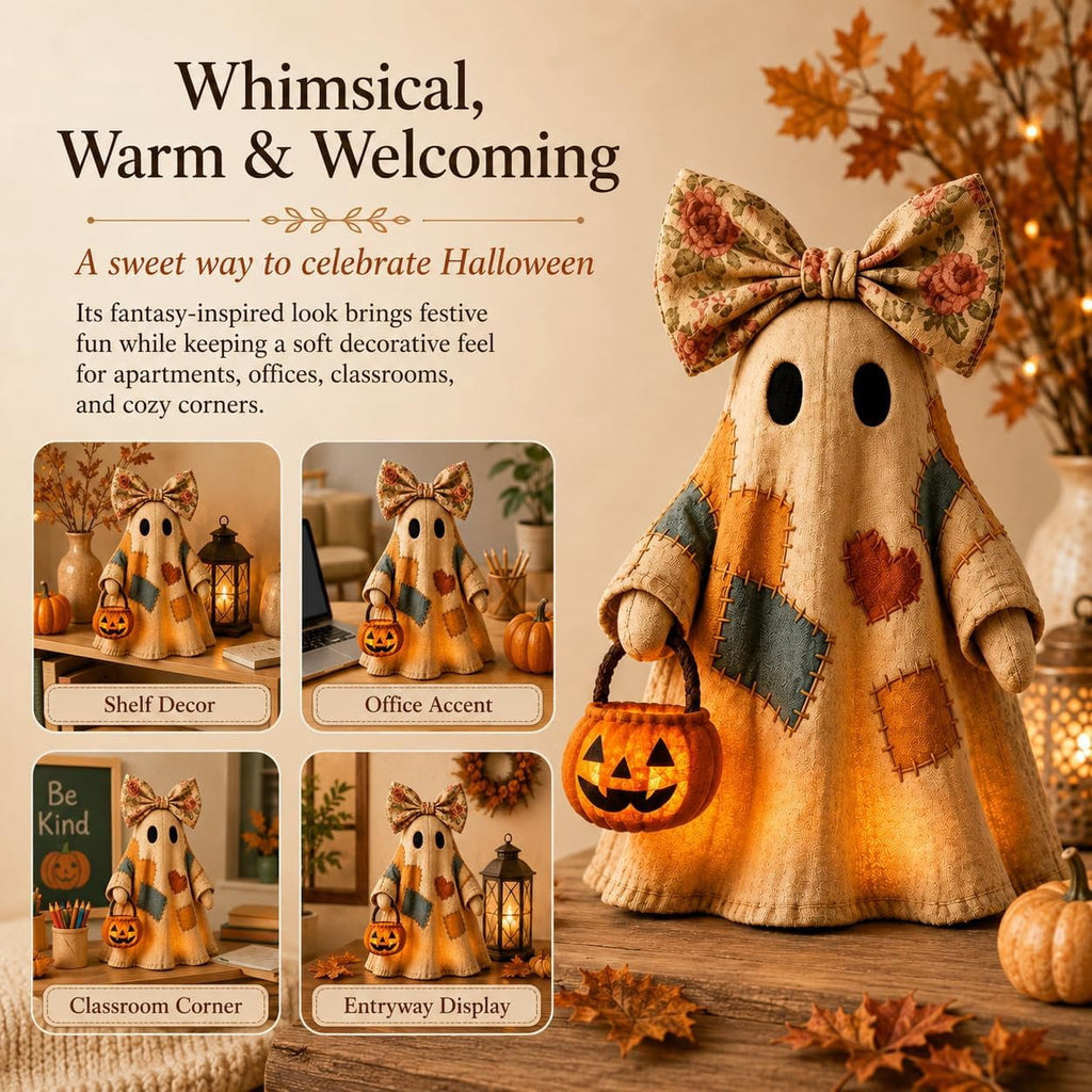 Win s Way Lighted Vintage Patchwork Ghost Decor Glowing Ghost Figurine with Pumpkin Lantern Farmhouse Style Light Up Statue for Mantel Shelf Entryway Table Fall Decorations