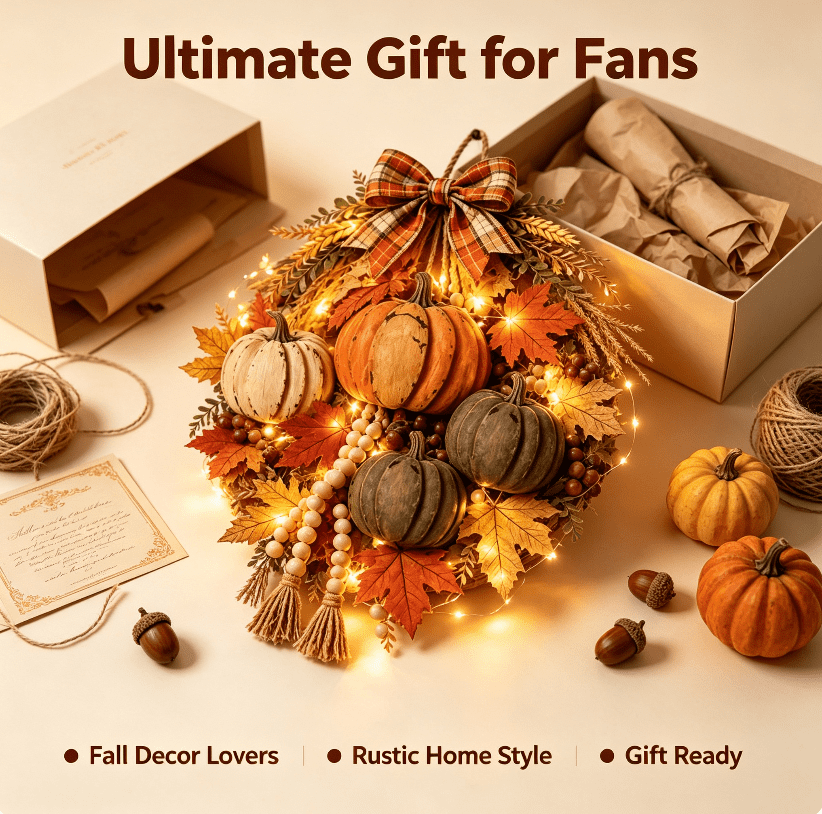 Rustic Wooden Pumpkin Door Hanging with Warm LED Lights, Ready-to-Hang Farmhouse Accent, Cozy Harvest Decor for Entryway & Living Room