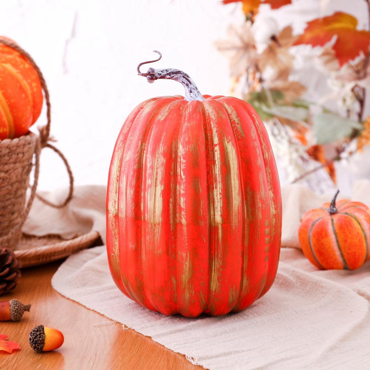 CQHVKQ 8 Inch Large Artificial Pumpkin Fall Decorations, Realistic Fake Harvest Pumpkin, Orange Gold Decorative Pumpkins for Table Centerpieces, Fall, Thanksgiving & Halloween DIY