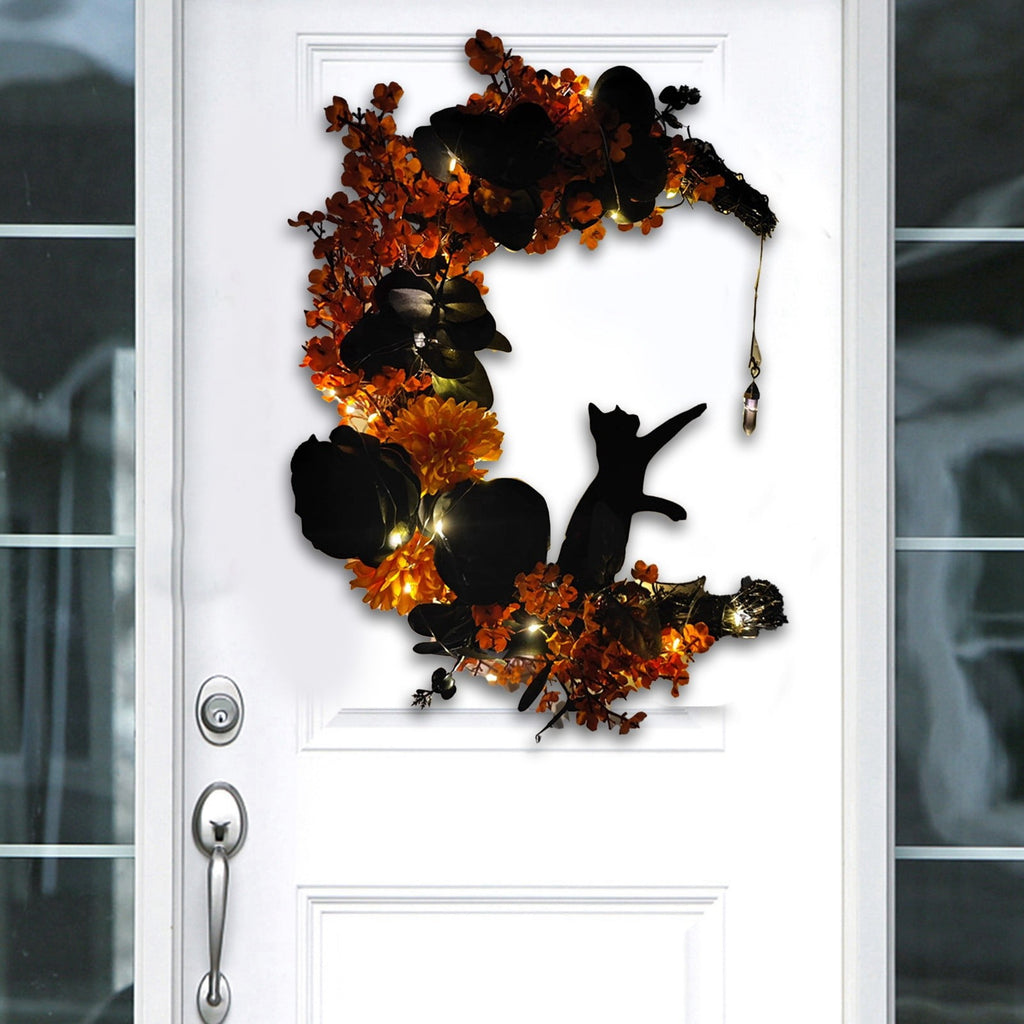 Moon Cat Wreath With Flowers And Charming Door Decoration Halloween Moon Cat Home Decor Gift Halloween Party Decorations For Cat Lovers With Lights Halloween Decorations