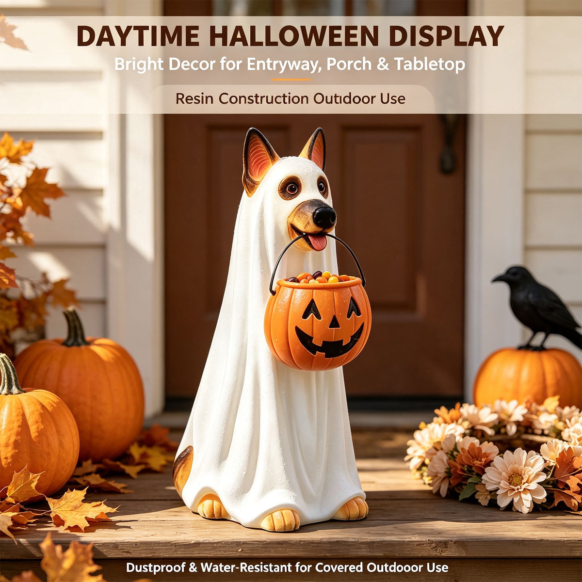 Fall Decorations for Home, 7.9in Lighted Halloween Scarecrow Dog Figurine, Resin Thanksgiving Halloween Garden Dogs Figurines for Autumn Harvest Porch Yard Garden Decor