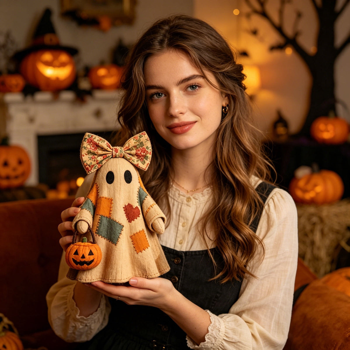 Win s Way Lighted Vintage Patchwork Ghost Decor Glowing Ghost Figurine with Pumpkin Lantern Farmhouse Style Light Up Statue for Mantel Shelf Entryway Table Fall Decorations