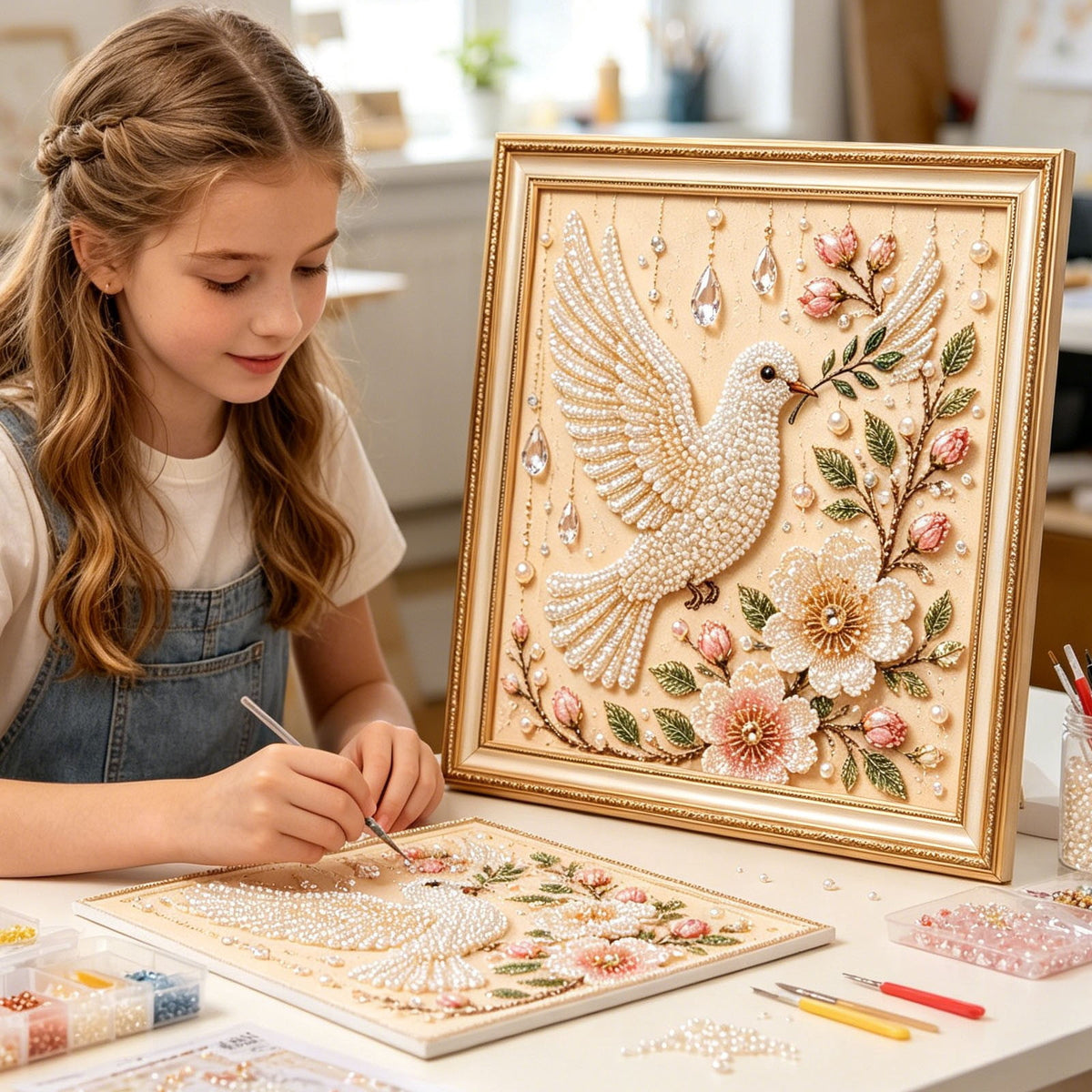 JWZZYD DIY Christmas Pearl Painting Art Kit with Frame, 9.8" Christmas Pearl Beads Art Craft Set, Gemstone Dots Beads for Holiday Christmas Wall Decor, Decoration Gift(Reindeer)