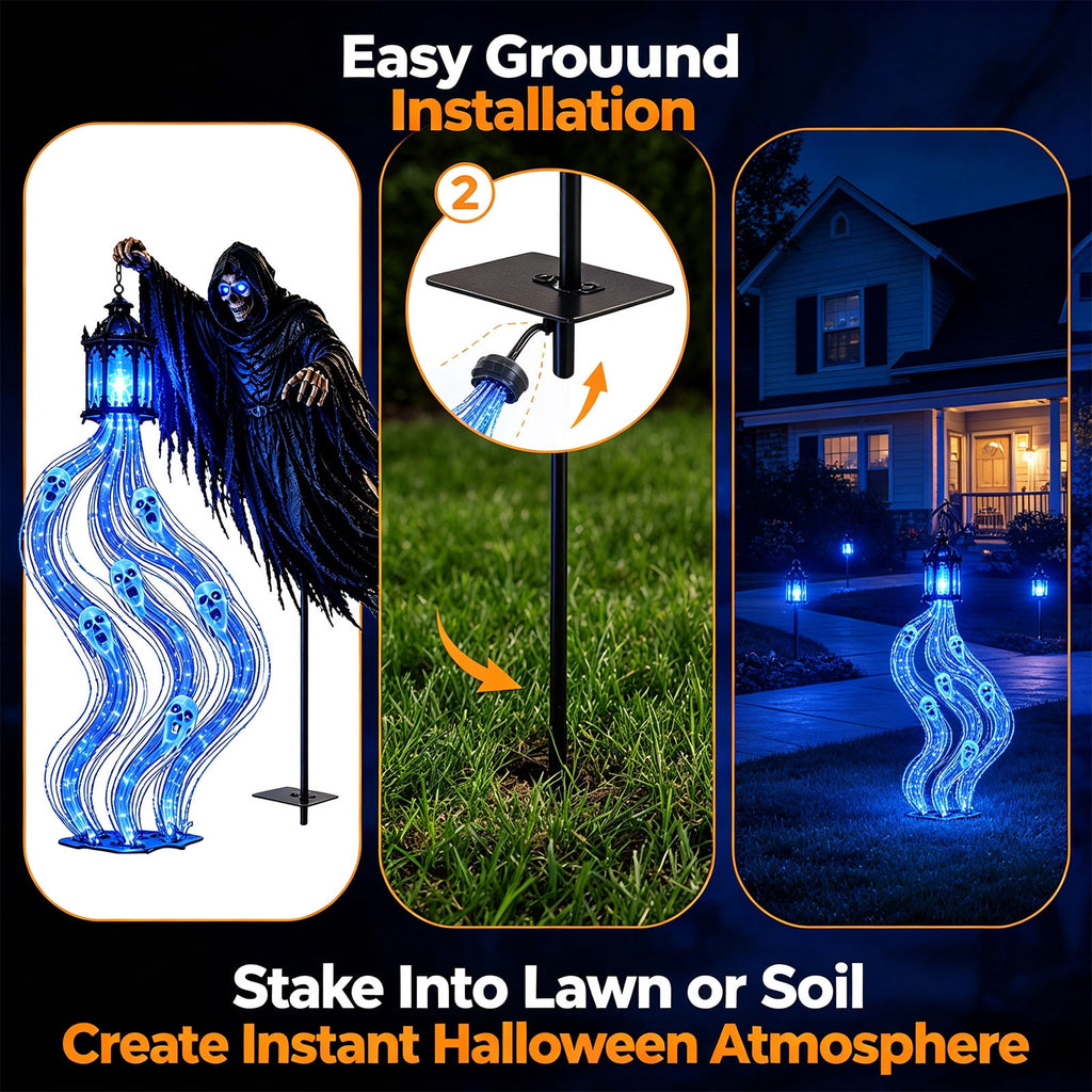 Solar Halloween Metal Moon Black Cat Garden Stake with LED Pumpkin Lantern, Light Up Star Bat Yard Decor Stake, Spooky Outdoor Lawn Pathway Halloween Decoration
