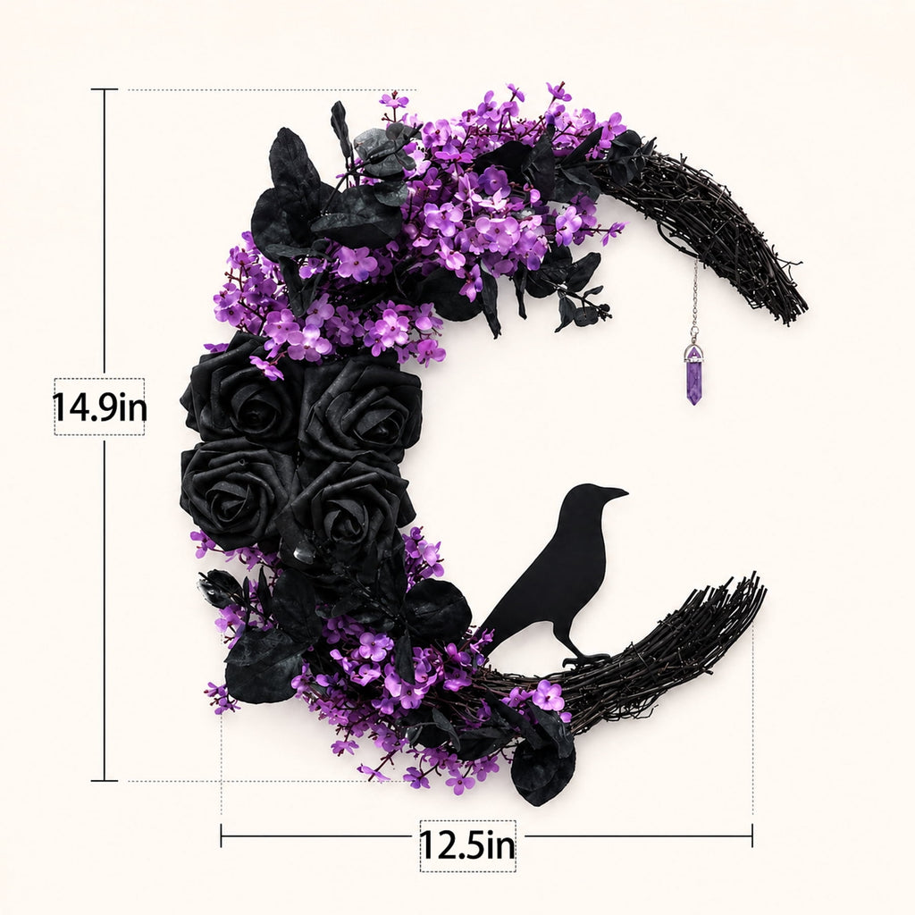 Halloween Black Cat Wreath, 14.9 in Purple and Black Crescent Wreath with Artificial Flowers and Crystal Pendant, Gothic Front Door Decor