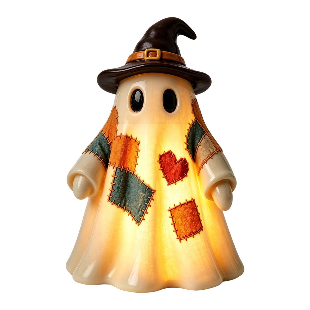 Halloween Ghost Figurine, Resin Lighted Ghost Ornament with Pumpkin Lantern & Beverage Cup, Tabletop Halloween Indoor Decor