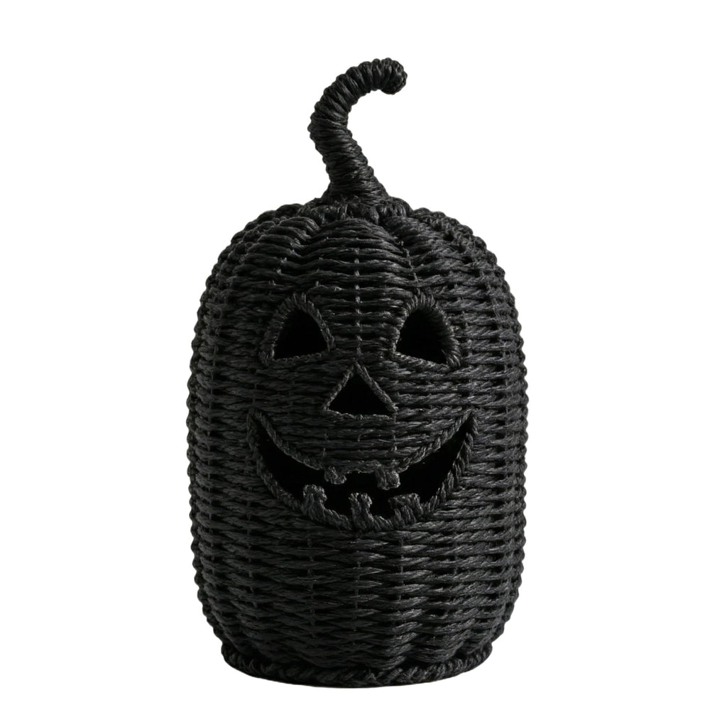 Aximioll Halloween Black Woven Jack-O-Lantern Pumpkin Decor, Hand Woven Rattan Wicker Style Statue, Trick or Treat Candy Bowl Lantern for Porch Entryway Fireplace Mantel Table, Black, 11 Inches