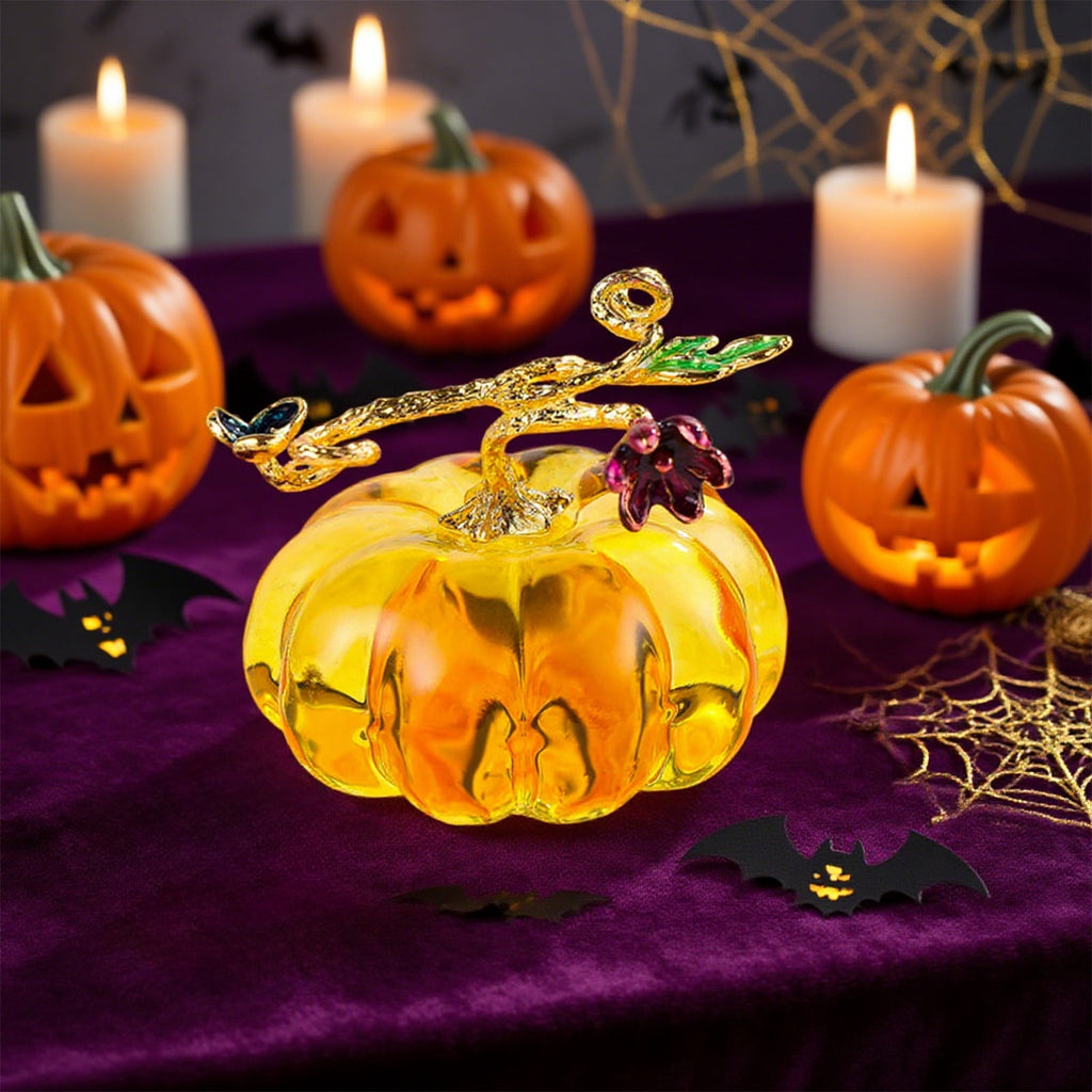 Chanana Mini Crystal Pumpkin Collectible Figurines, Hand Blown Glass Pumpkin Figurine, Glass Paperweight Tabletop Decorative Ornaments for Fall Harvest Thanksgiving Halloween Home Decor