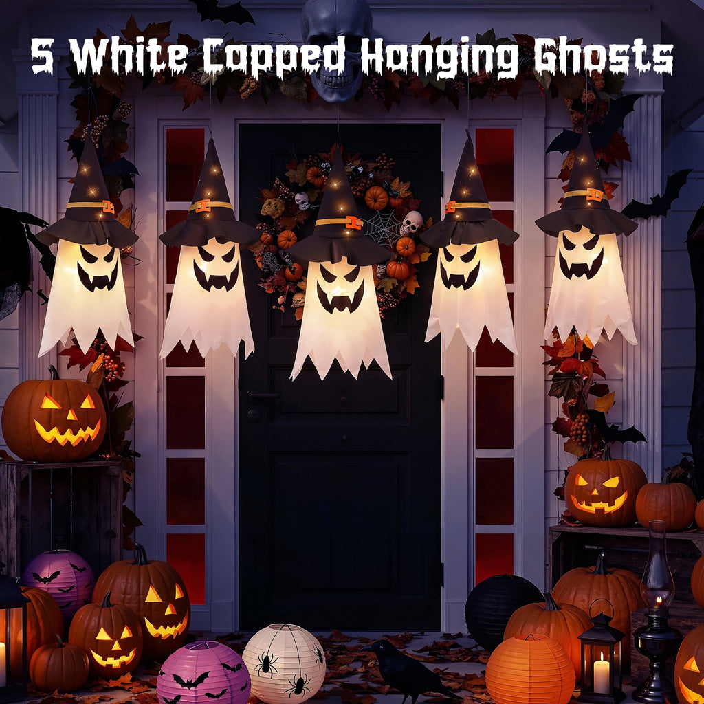Scidweet Halloween Decorations Indoor Outdoor, 5 Pcs Halloween Lights Glowing Ghost Witch Hat Ornaments Gifts for Home Garden Yard
