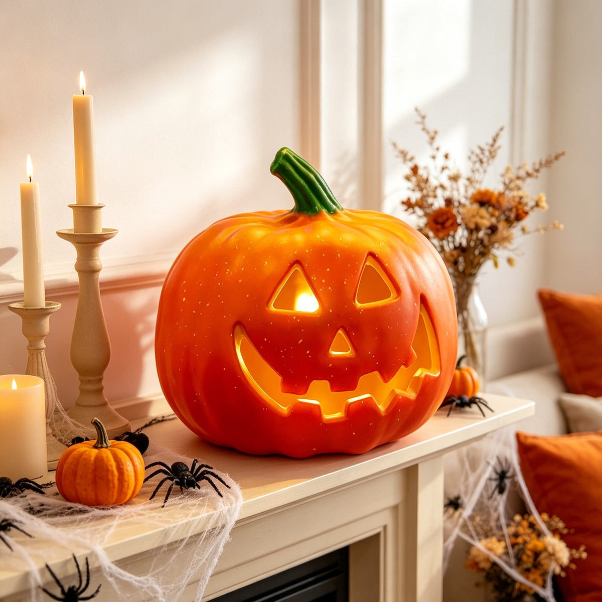 Halloween Lighted Pumpkin Decoration, Glowing Jack o Lanterns, Large LED Pumpkin Lamp with Warm Glow, Outdoor Yard Porch Halloween Decor, Holiday Display Ornament for Home Party