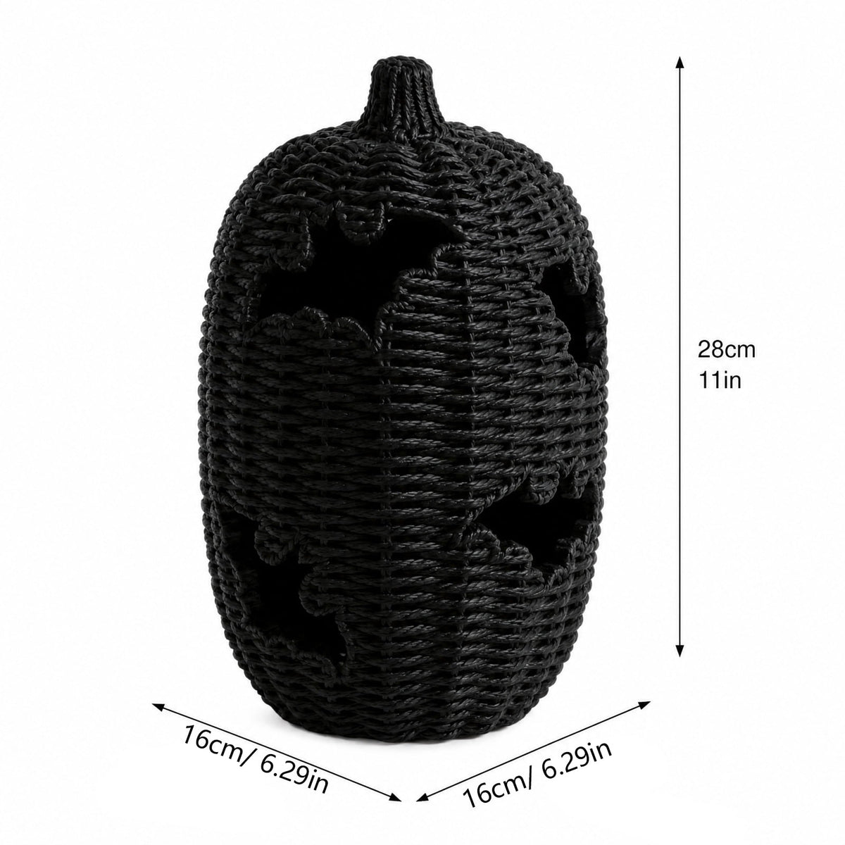 Aximioll Halloween Black Woven Jack-O-Lantern Pumpkin Decor, Hand Woven Rattan Wicker Style Statue, Trick or Treat Candy Bowl Lantern for Porch Entryway Fireplace Mantel Table, Black, 11 Inches