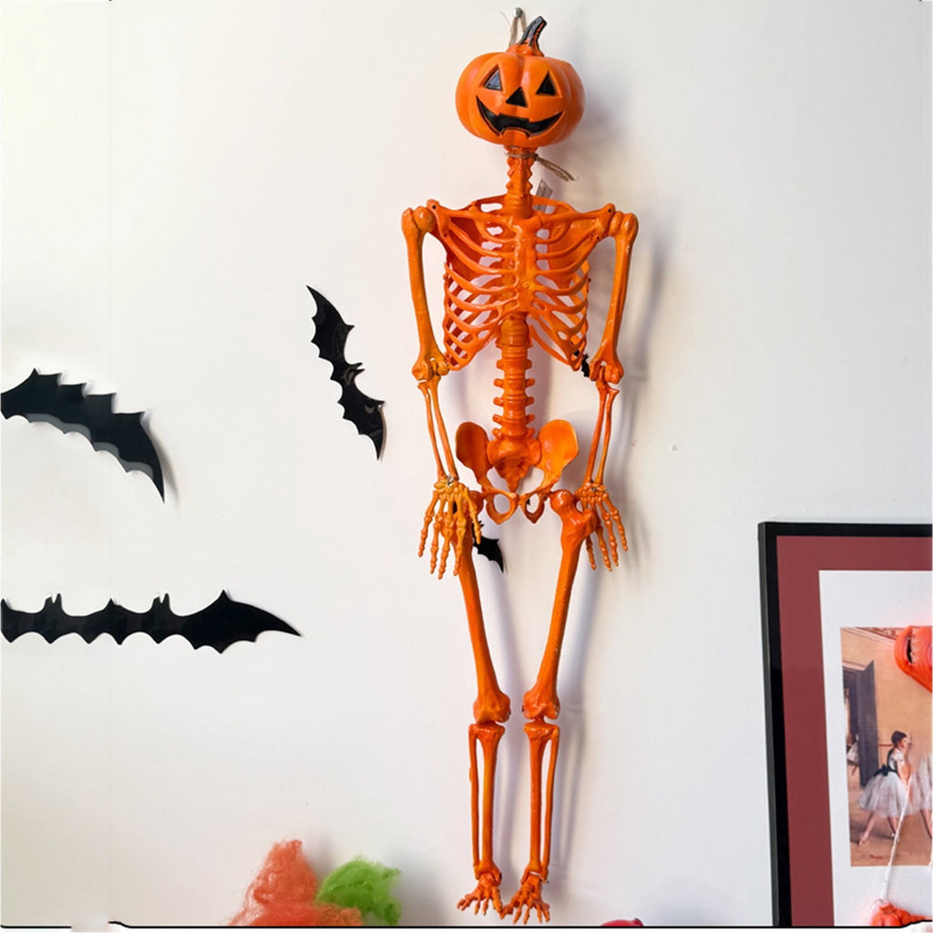 Halloween Pumpkin Skeleton Decoration, 5ft Poseable Orange Skeleton with Jack-O’-Lantern Head for Indoor Outdoor Party Display