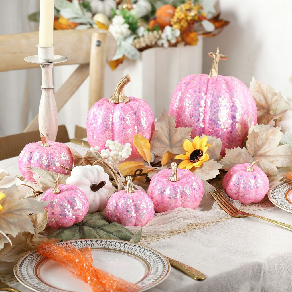 FXMLRLK Pink Velvet Pumpkins Fall Decor, 7PCS Artificial Glitter Pumpkins for Halloween Thanksgiving Day Home Centerpieces for Tables Seasonal Holiday Decor