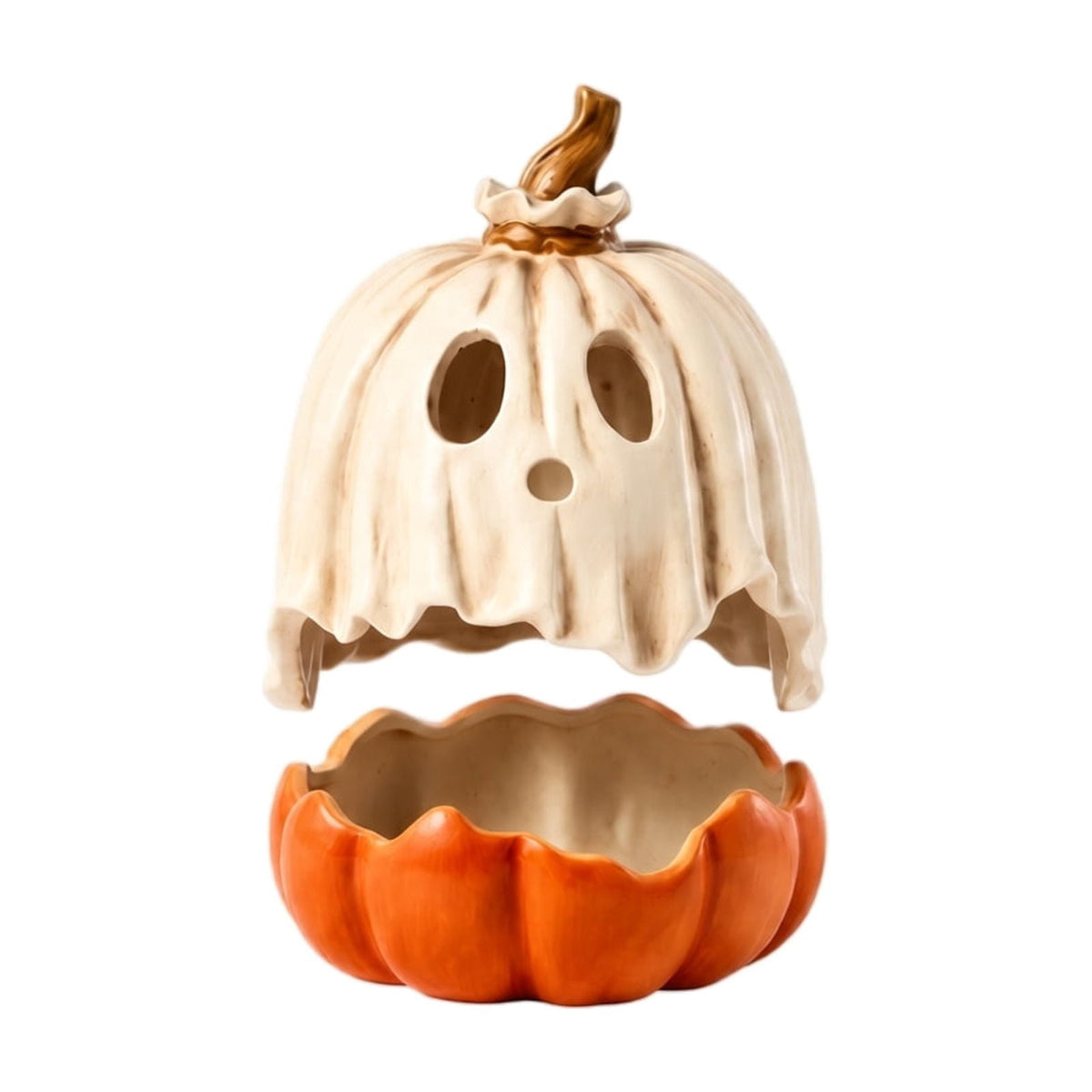 Halloween Ghost Pumpkin Candy Bowl - 2-Piece Detachable Resin Candle Holder, Spooky Jack-O'-Lantern Figurine with Ghost Cover for Tabletop Party Patio Indoor Outdoor Decor Halloween Decorations