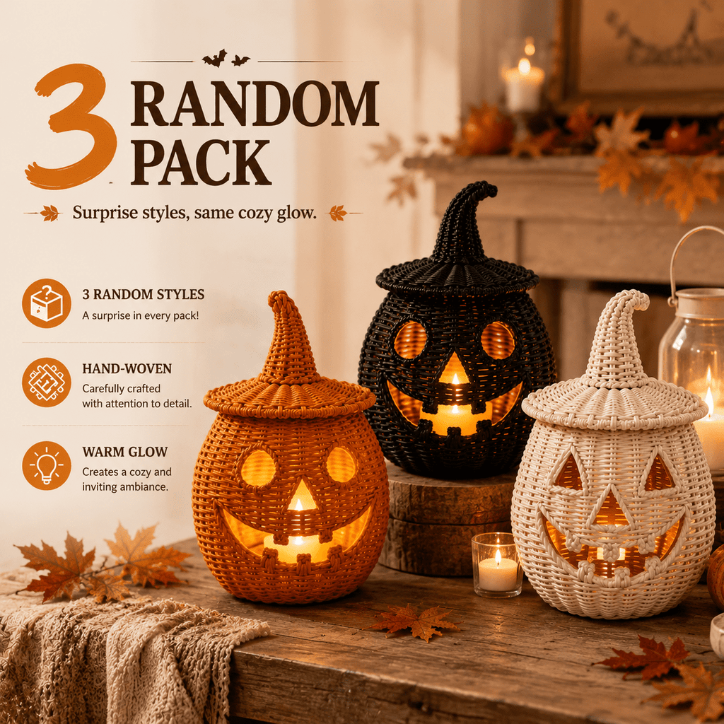 Aximioll Halloween Black Woven Jack-O-Lantern Pumpkin Decor, Hand Woven Rattan Wicker Style Statue, Trick or Treat Candy Bowl Lantern for Porch Entryway Fireplace Mantel Table, Black, 11 Inches