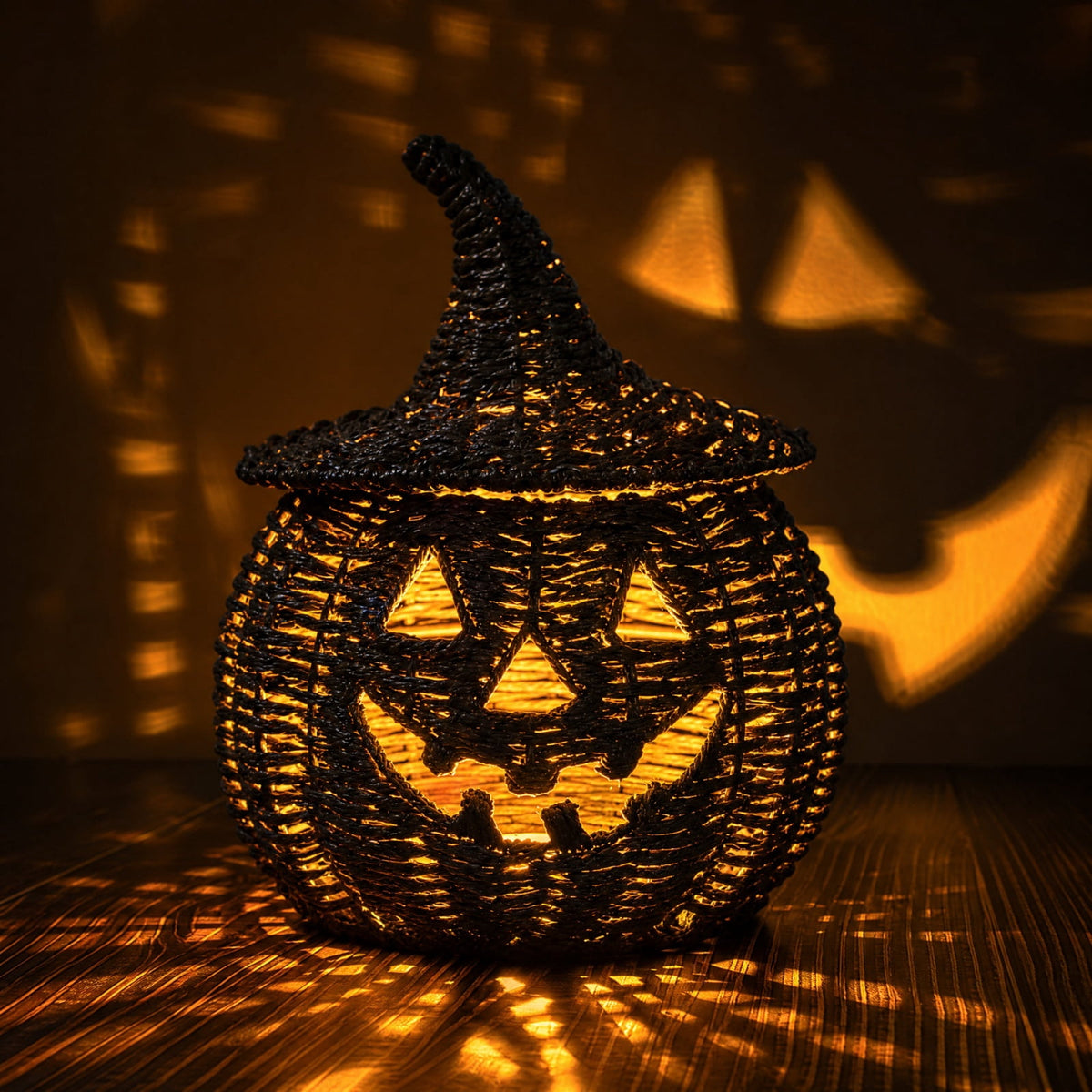 Black Woven Pumpkin Basket with Witch Hat Cover Lid, 11" Halloween Jack-O-Lantern Woven Container, Handcrafted Rattan Pumpkin Tabletop Centerpiece for Home Office Halloween Party Table