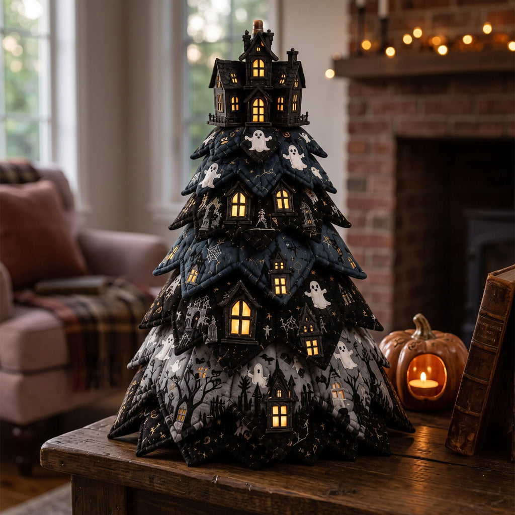 Halloween Fabric Trees - 11.8" DIY Halloween Quilted Fabric Tree Kit, Black Cat Pumpkin Witch Design, Sewing Patchwork Ghost Trees Holiday Table Mantel Decor, Handmade Gift for Craft Lovers