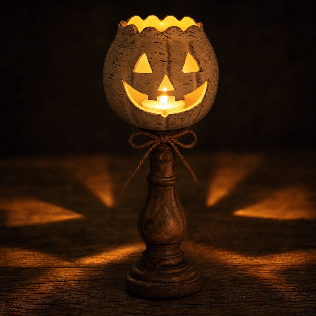 Halloween Lamp Indoor Tabletop Decorations, LED Lighted Wooden Pumpkin with Vintage Pedestal Stand and Rope Bow, 8.7 Inch Rustic Halloween Decor for Home Mantel Entryway