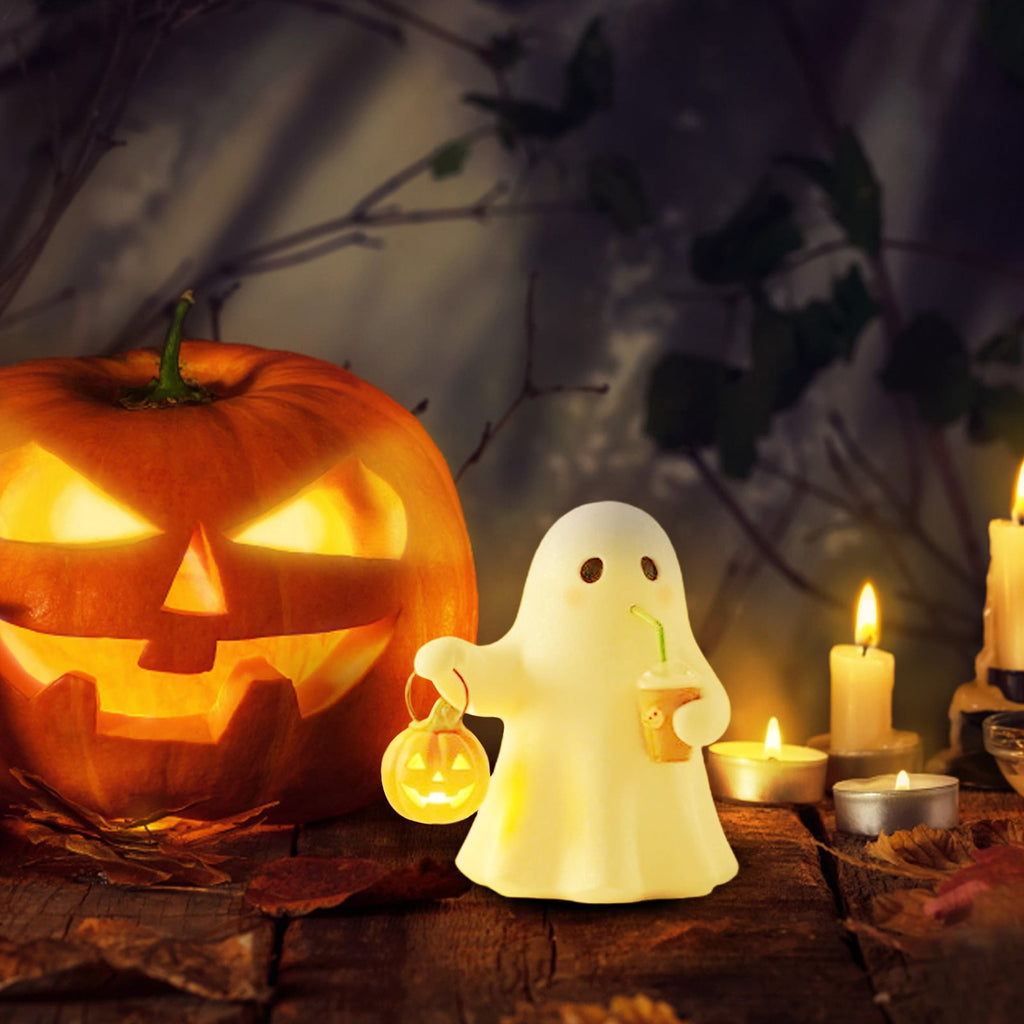 Halloween Ghost Figurine, Resin Lighted Ghost Ornament with Pumpkin Lantern & Beverage Cup, Tabletop Halloween Indoor Decor