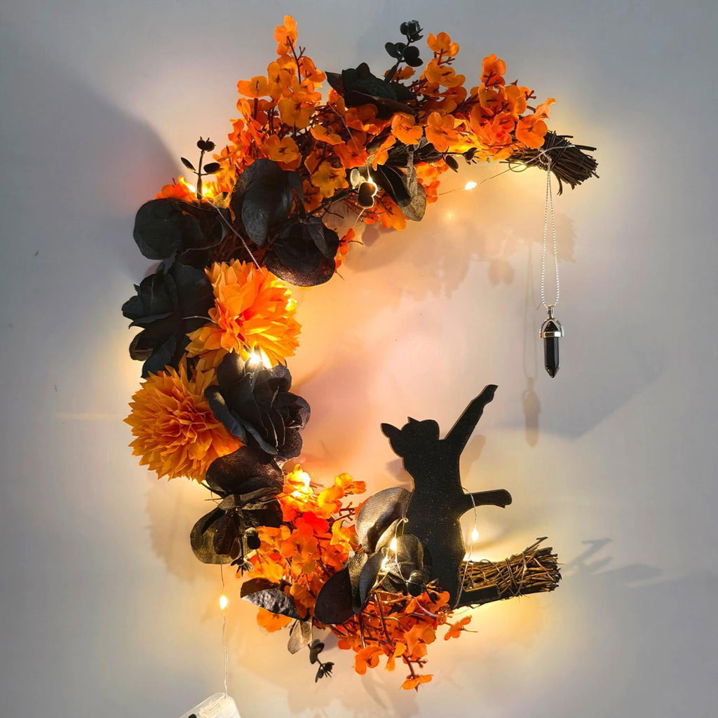 Halloween Wreath for Front Door with Lights, 14 Inch Black Cat Crescent Moon Wreath, Spooky Halloween Decoration with Orange Marigolds and Black Roses, Perfect for Home and Halloween Party Decor