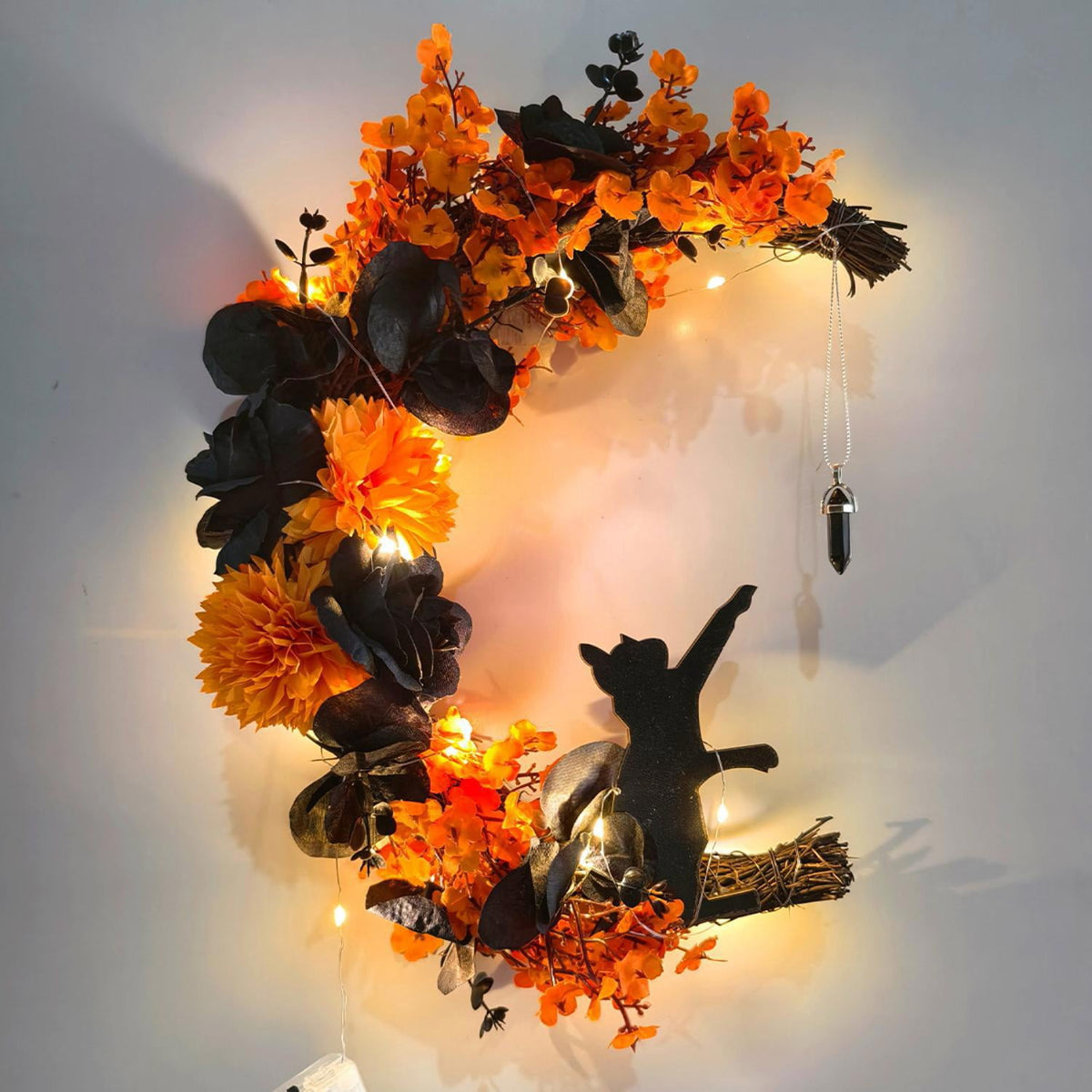 Halloween Wreath for Front Door with Lights, 14 Inch Black Cat Crescent Moon Wreath, Spooky Halloween Decoration with Orange Marigolds and Black Roses, Perfect for Home and Halloween Party Decor